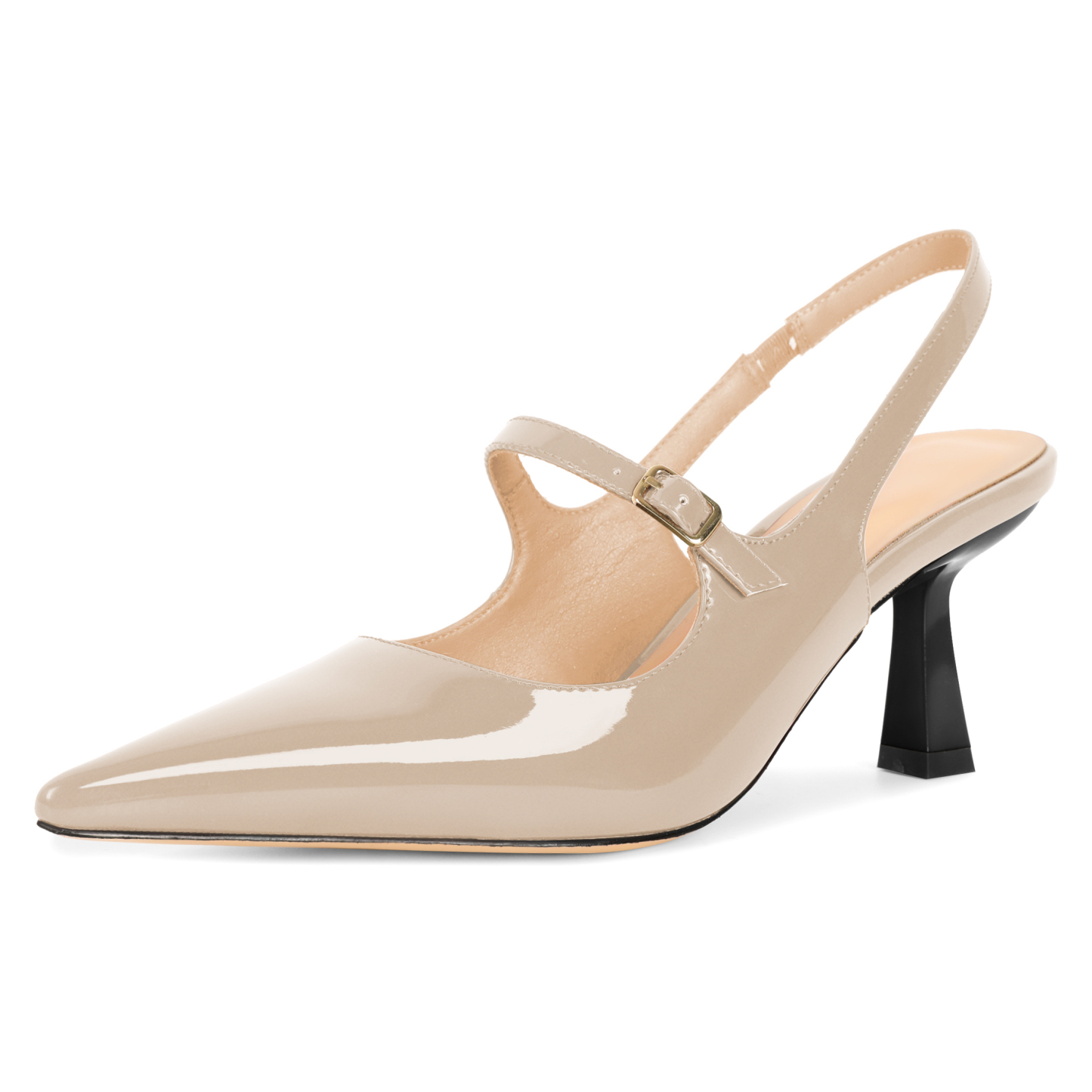 Beige low heel slingback pumps with 2.5" kitten heel, pointed toe formal shoes for women