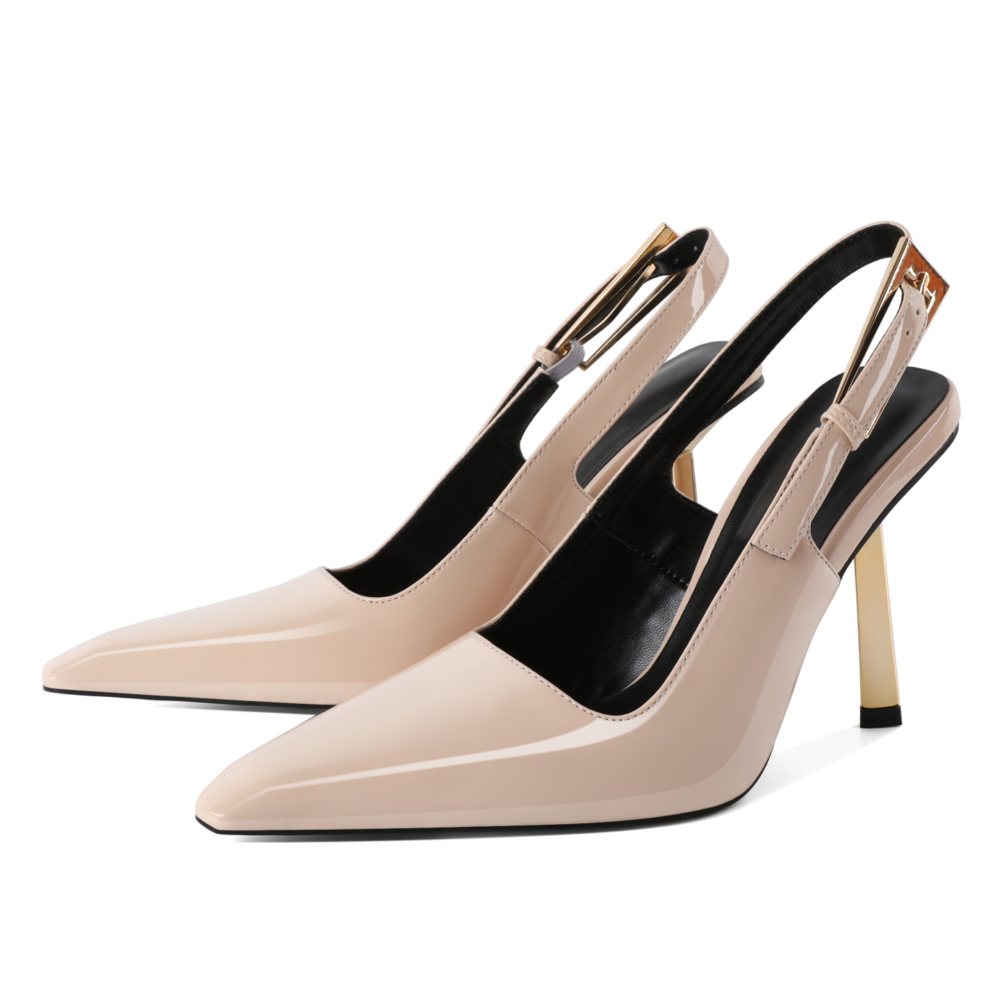 Beige stiletto slingback pumps with metallic buckle and asymmetric gold heel – perfect for weddings or office wear