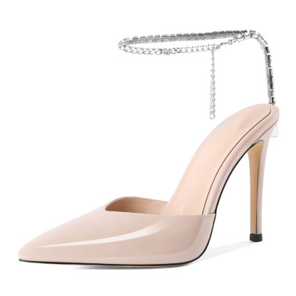 SAMMITOP 4 Inch Nude beige ankle strap sandals with crystals and pointed toe heel