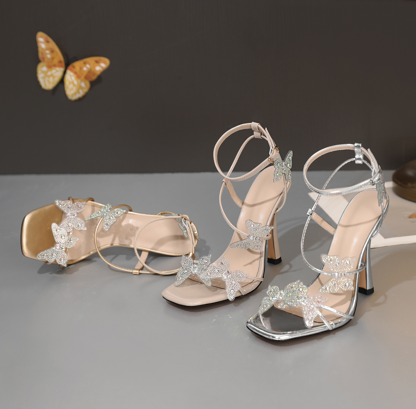 SAMMITOP Butterfly Rhinestone Stiletto Heels – Open Toe High Heels