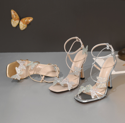 SAMMITOP Butterfly Rhinestone Stiletto Heels – Open Toe High Heels