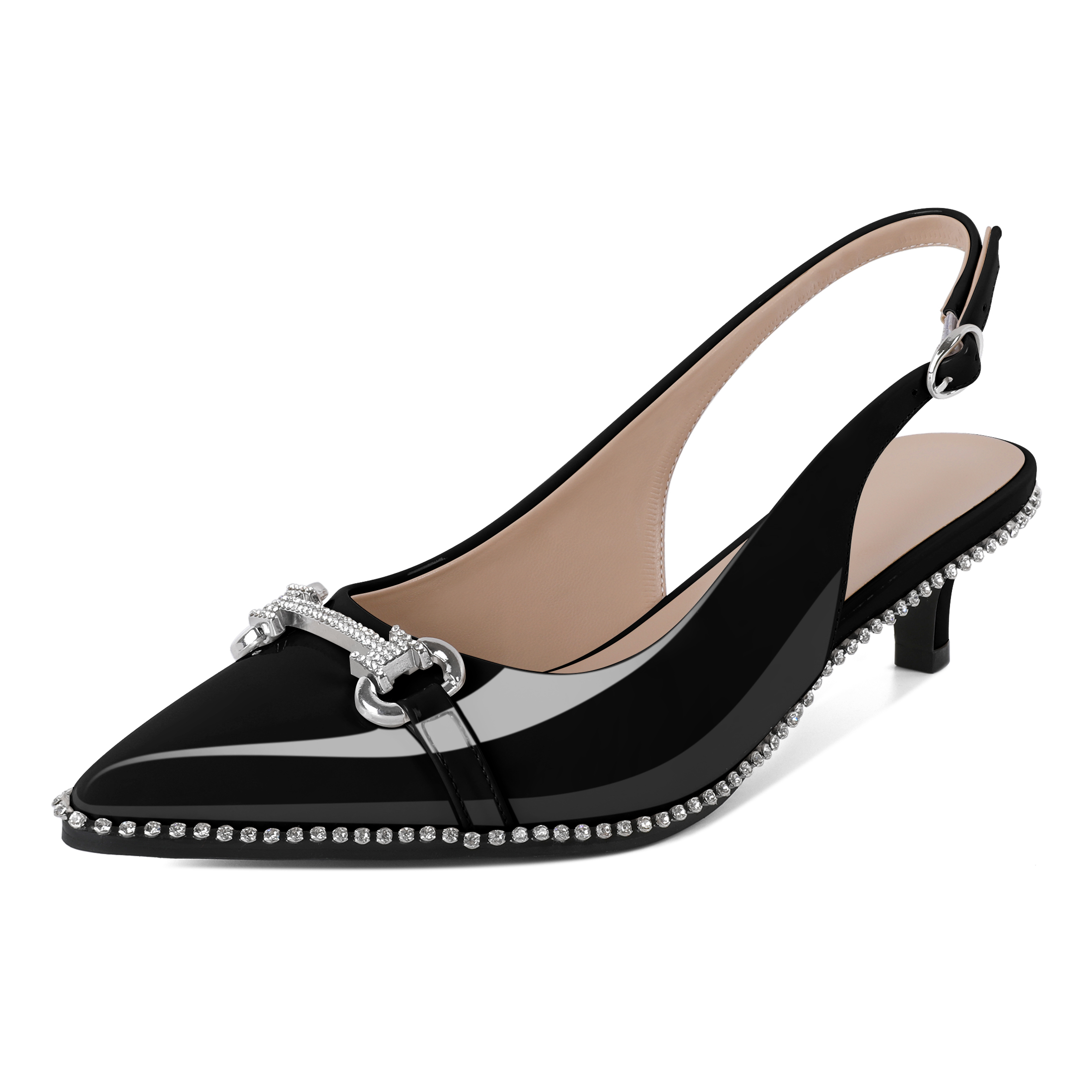 Women's black slingback kitten heels with pointed toe and rhinestone beading on low heel