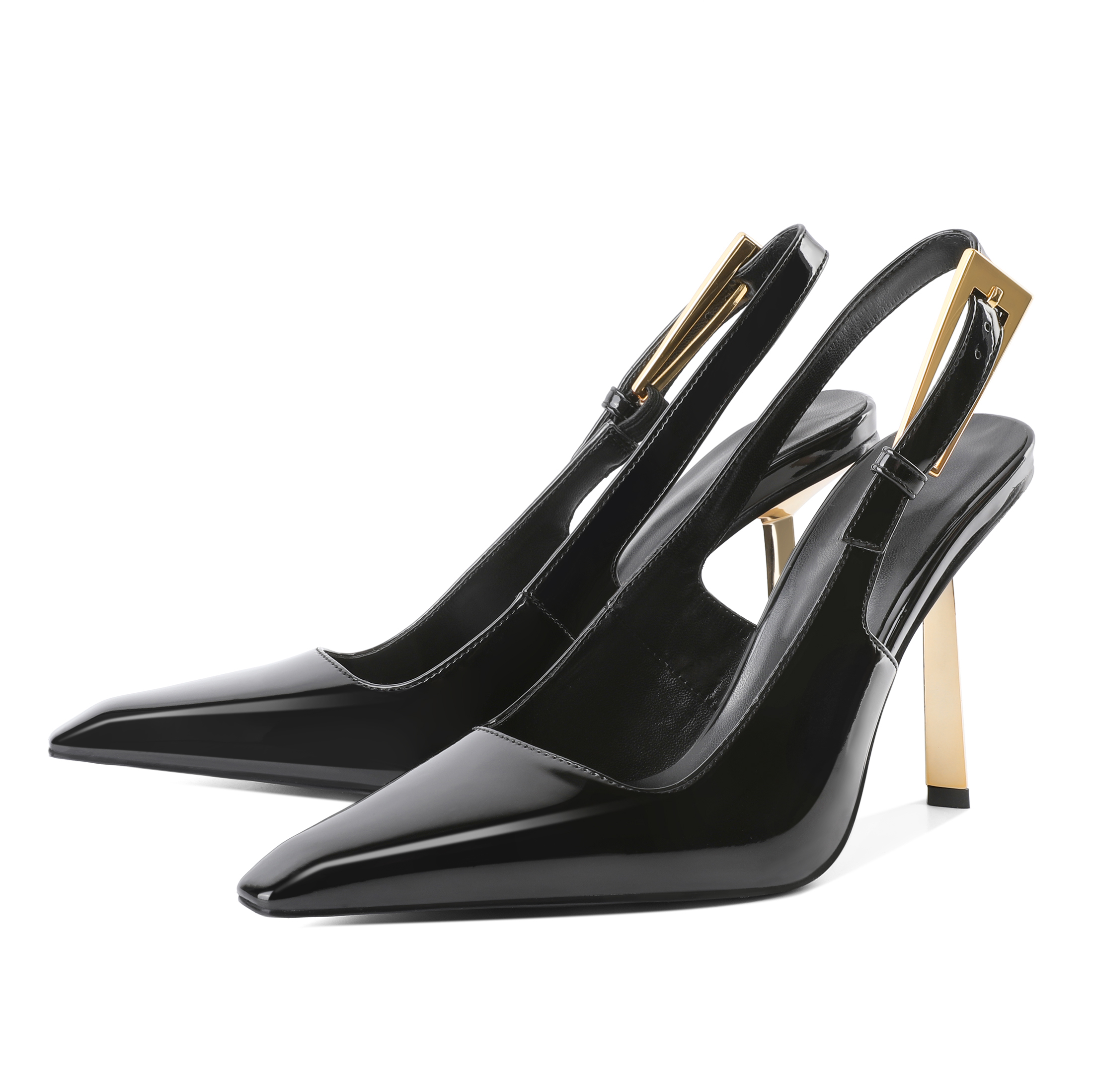 Side view of square-toe slingback pump with gold stiletto heel