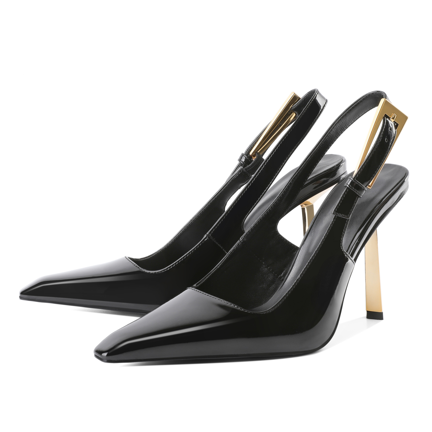 Side view of square-toe slingback pump with gold stiletto heel