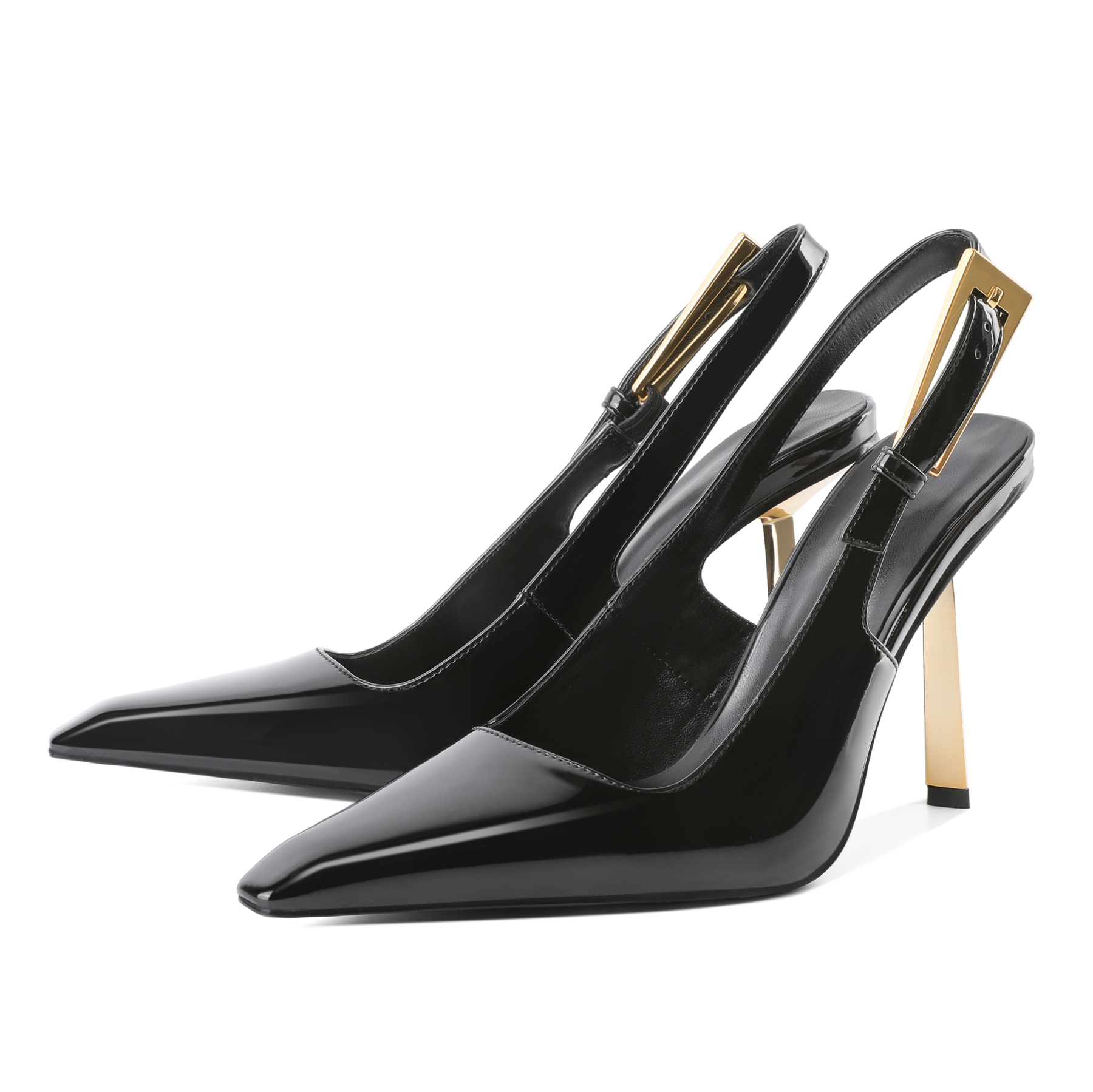 Side view of square-toe slingback pump with gold stiletto heel