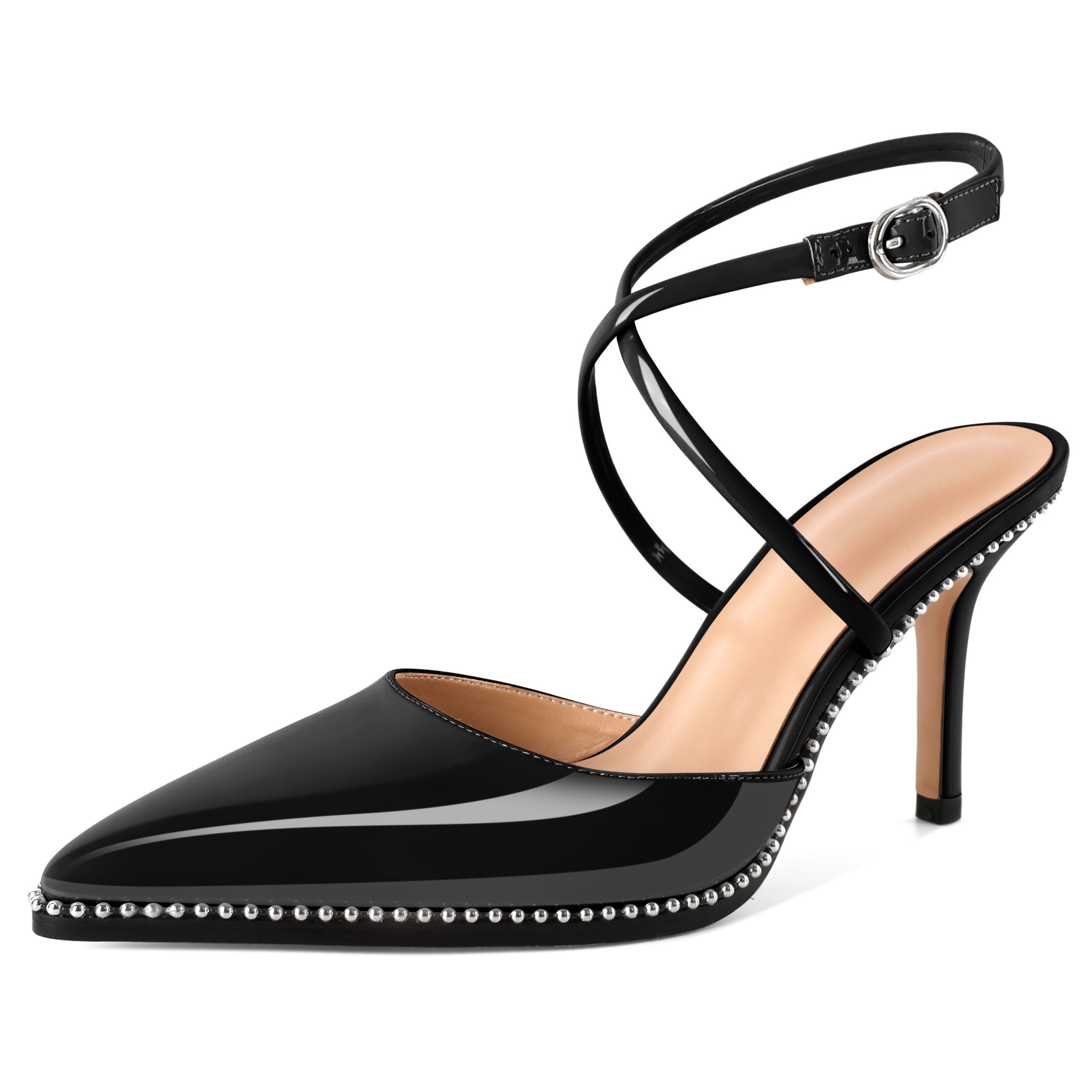 SAMMITOP 3.5 Inch Black pointed toe slingback heels with crisscross strap and silver beaded detail