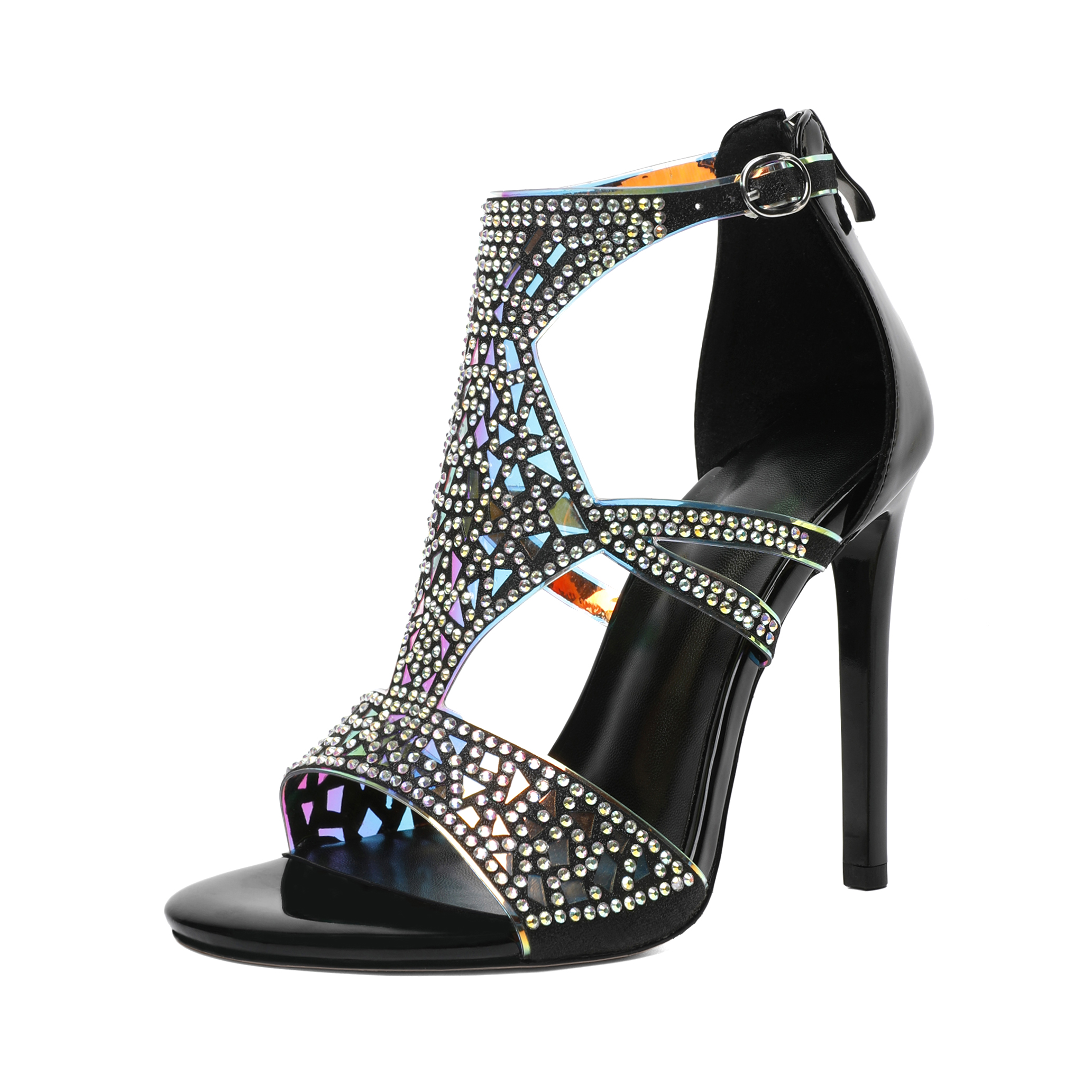 SAMMITOP 4 Inch Black open-toe stiletto heels with rhinestone straps and rear zip