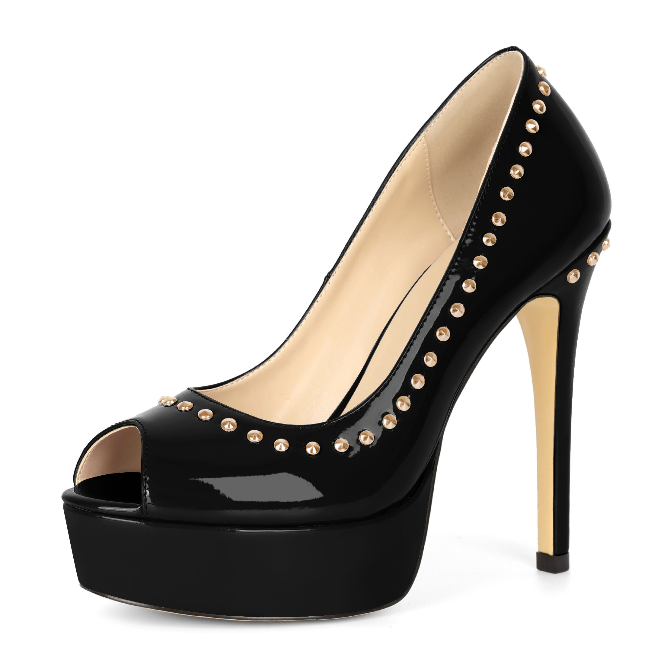 SAMMITOP 4.7 Inch Black peep toe platform pumps with rivet detailing and stiletto heel