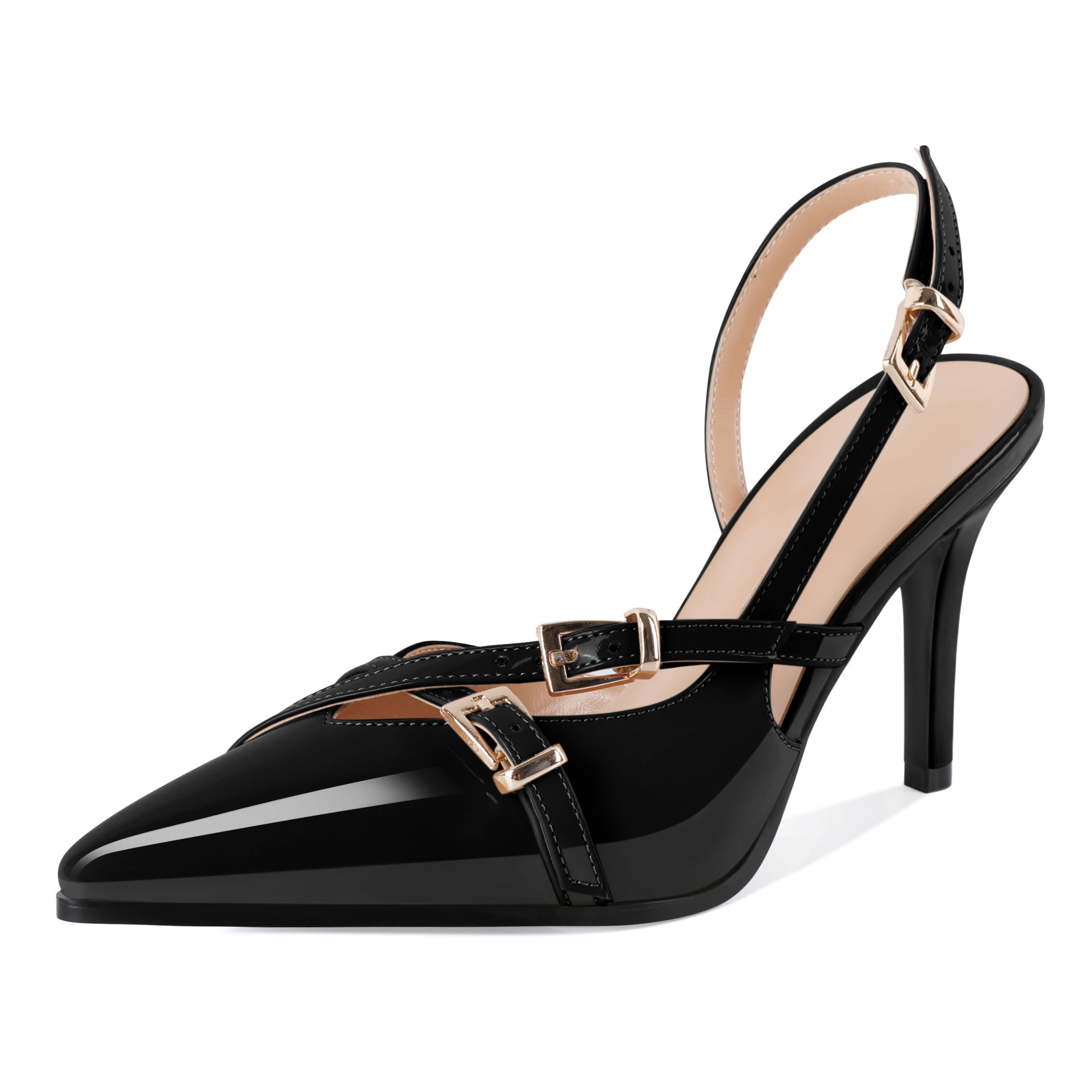 Sammitop Black stiletto slingback heels with double buckle and pointed toe