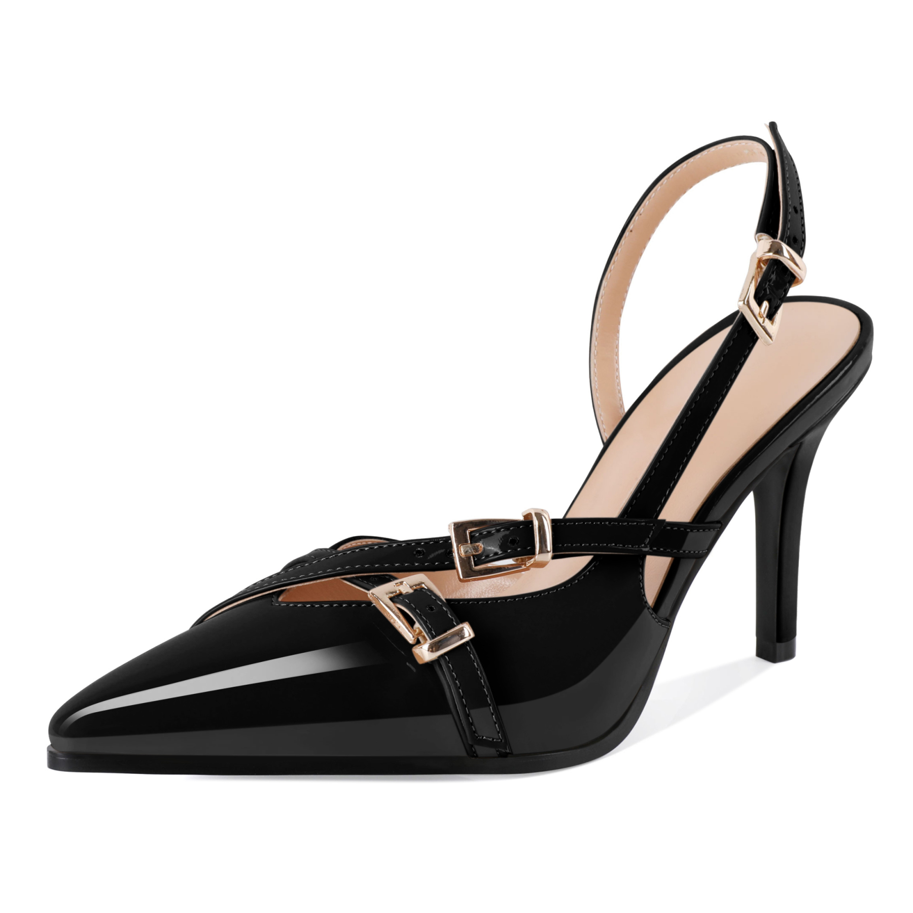 Sammitop Black stiletto slingback heels with double buckle and pointed toe