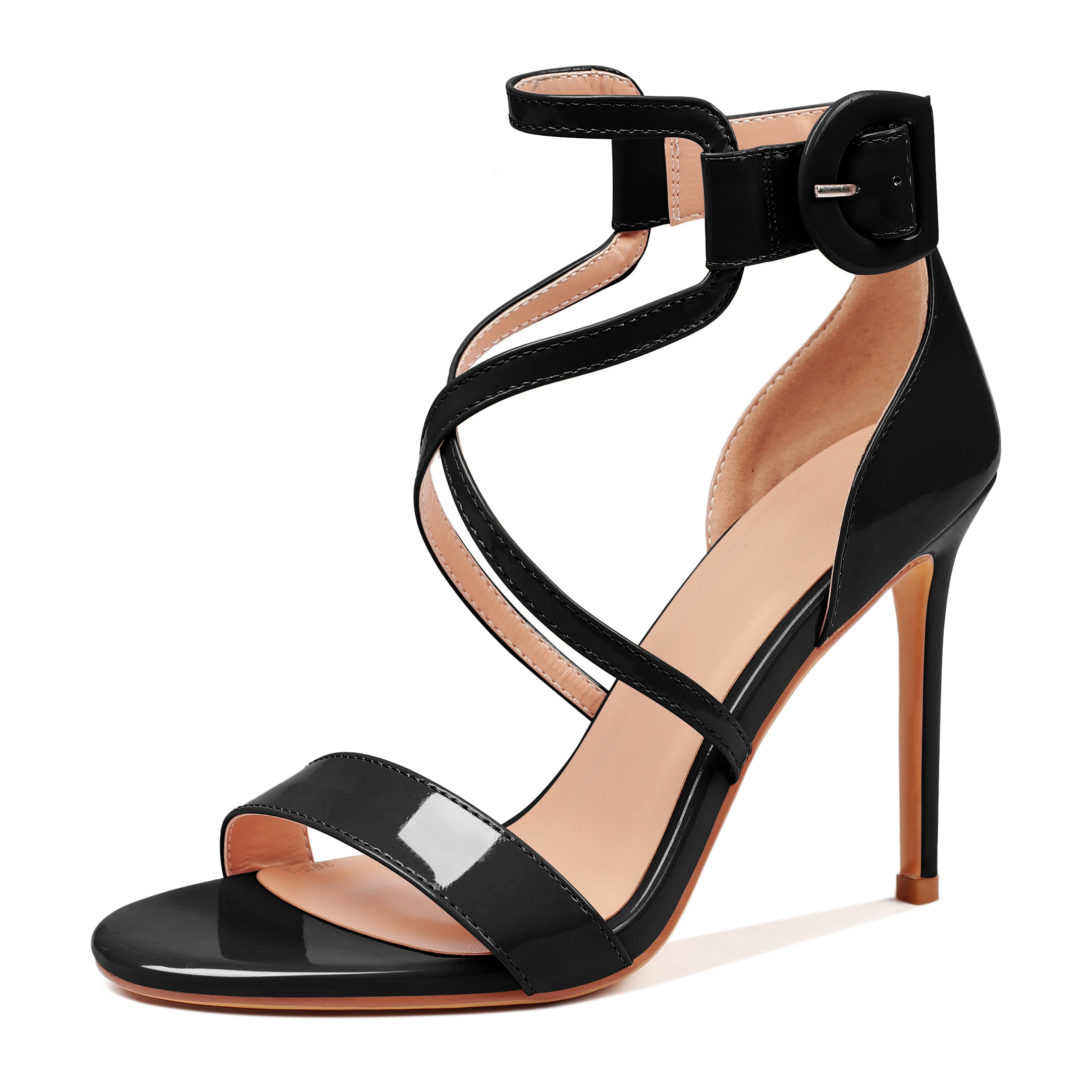 SAMMITOP 4 Inch Black cross strap stiletto heels with open toe and ankle buckle