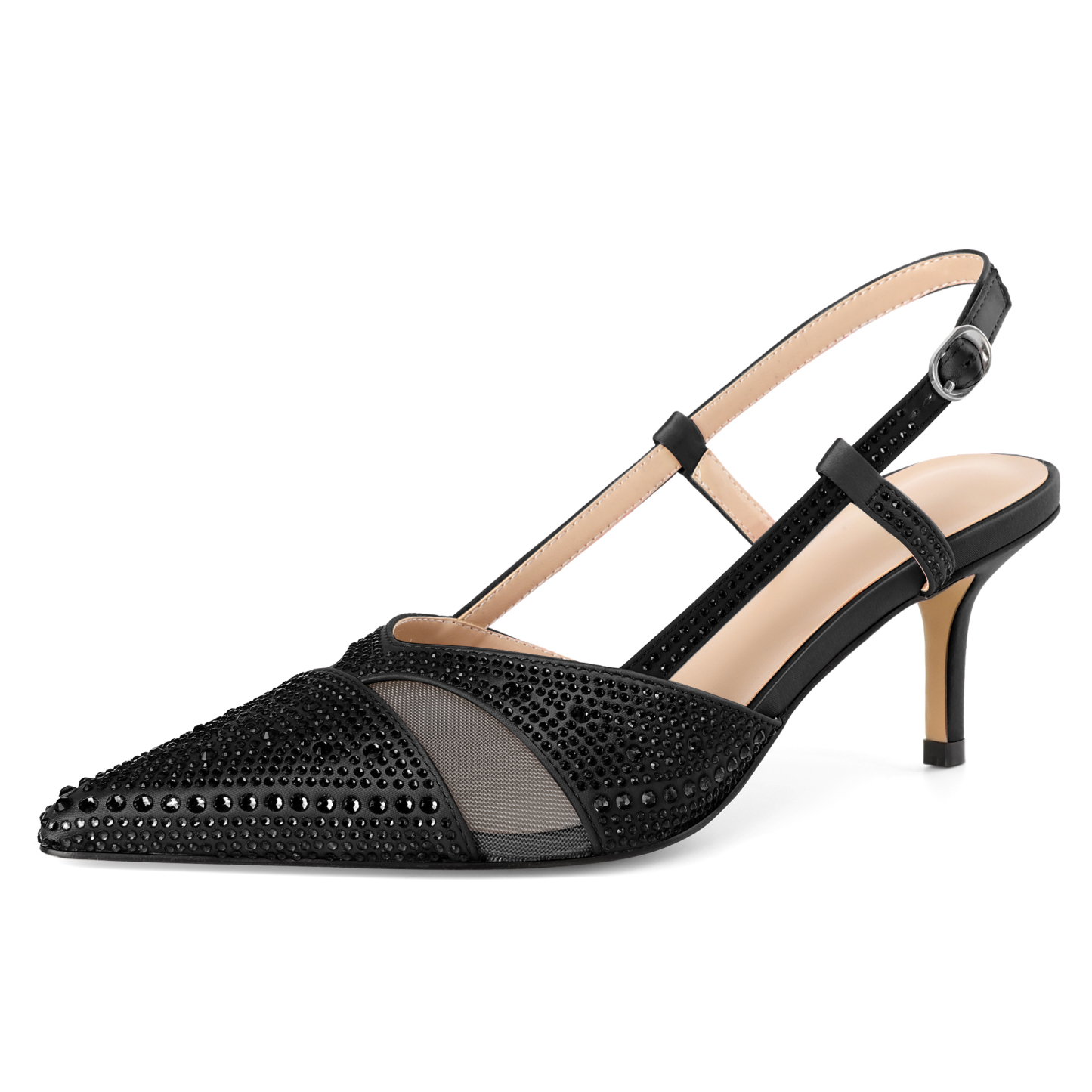 SAMMITOP 2.75 Inch Black pointed slingback heels with rhinestones and mesh, women’s elegant party pumps