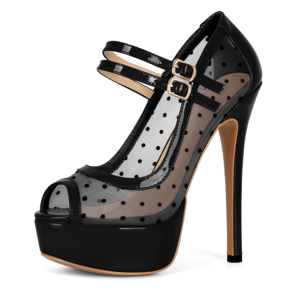 SAMMITOP 5.9 Inch Black mesh platform heels with polka dot pattern, peep toe and double ankle strap