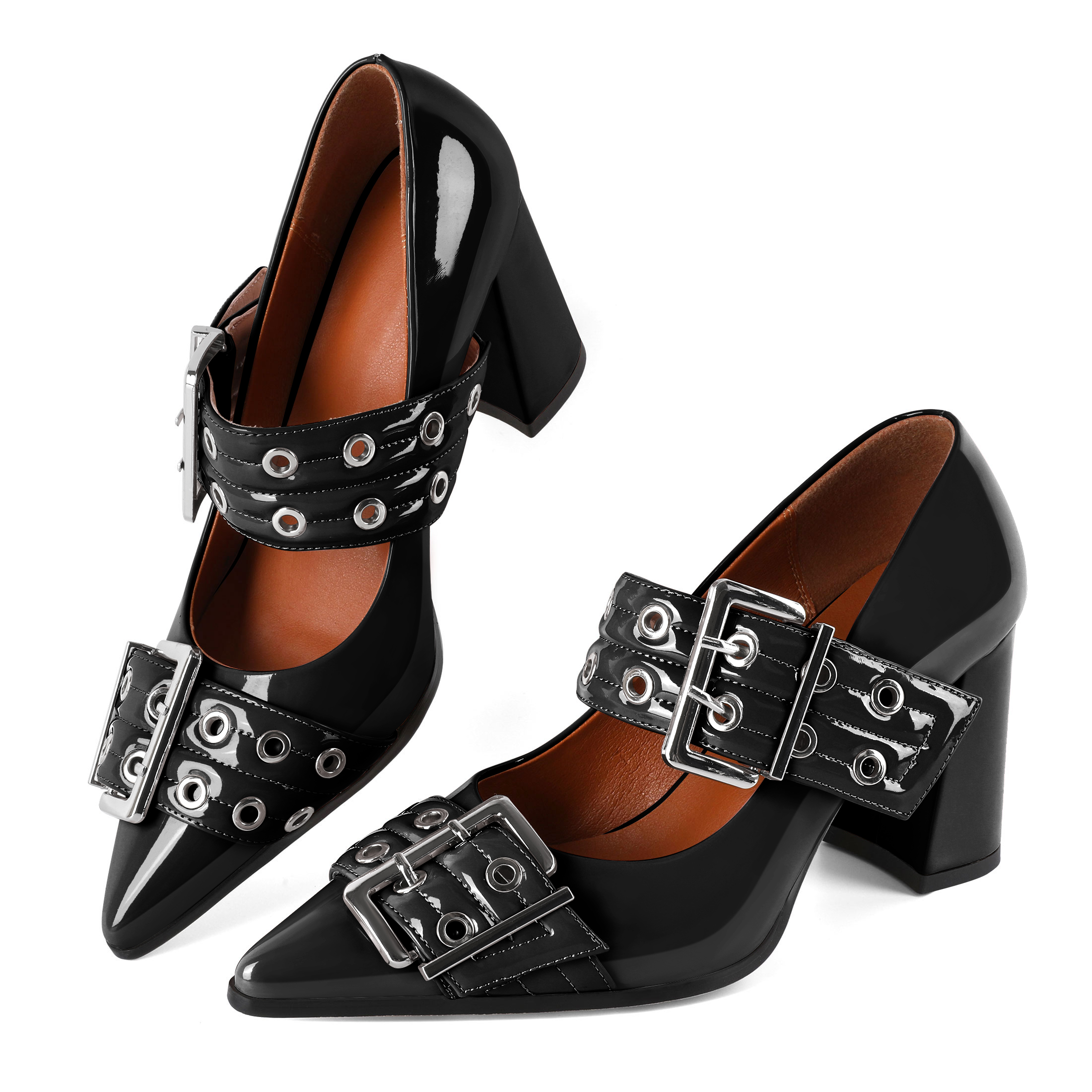 SAMMITOP 3.3 Inch Mary Jane Black block heel pumps with buckle strap and pointed toe