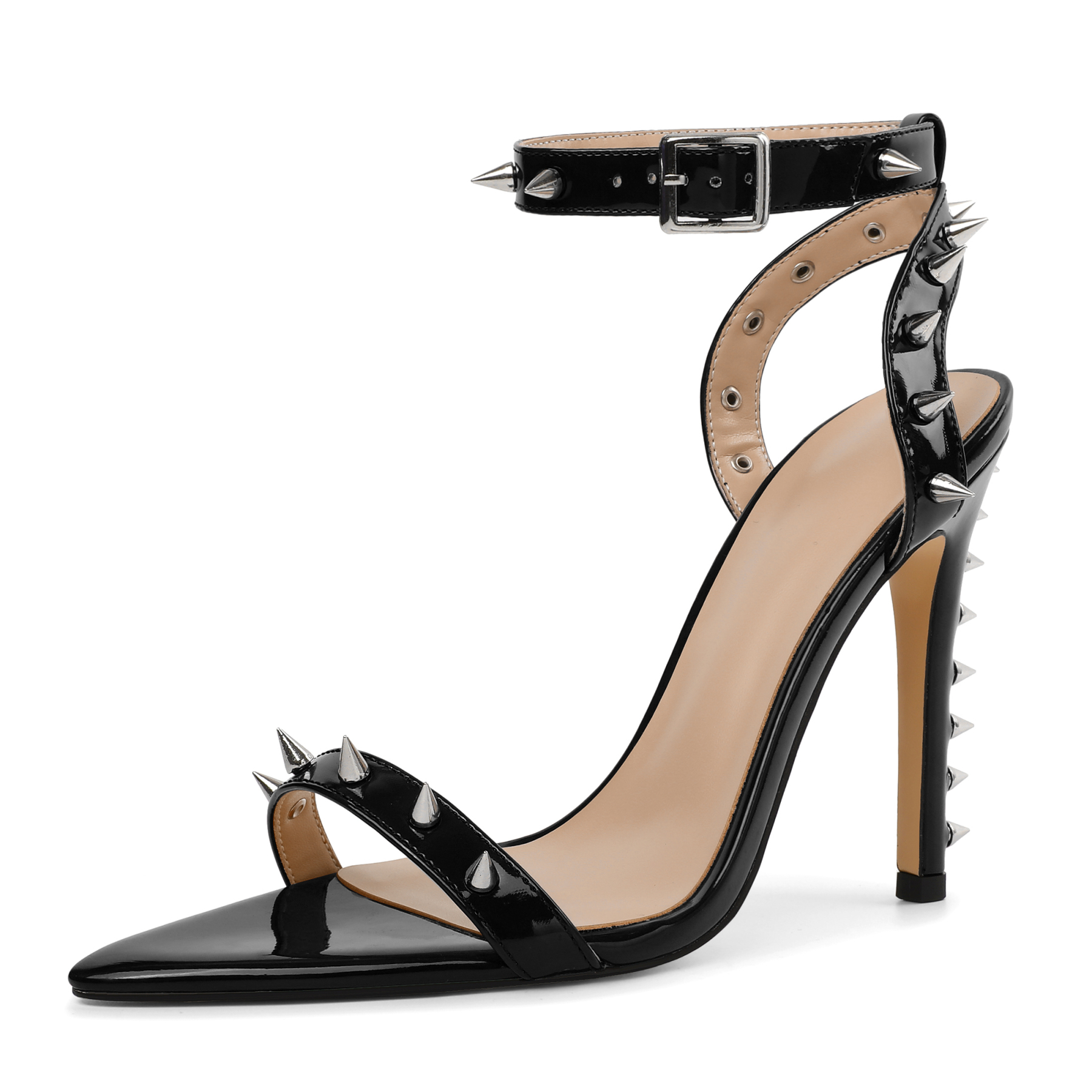 spike stiletto heels – patent leather high heel sandals for women, adjustable ankle strap