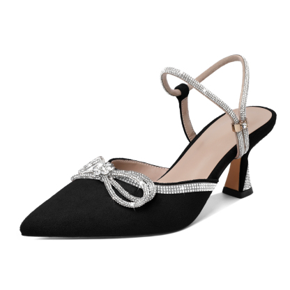 SAMMITOP Black Rhinestone Bow Low Heel Pumps with Adjustable Straps