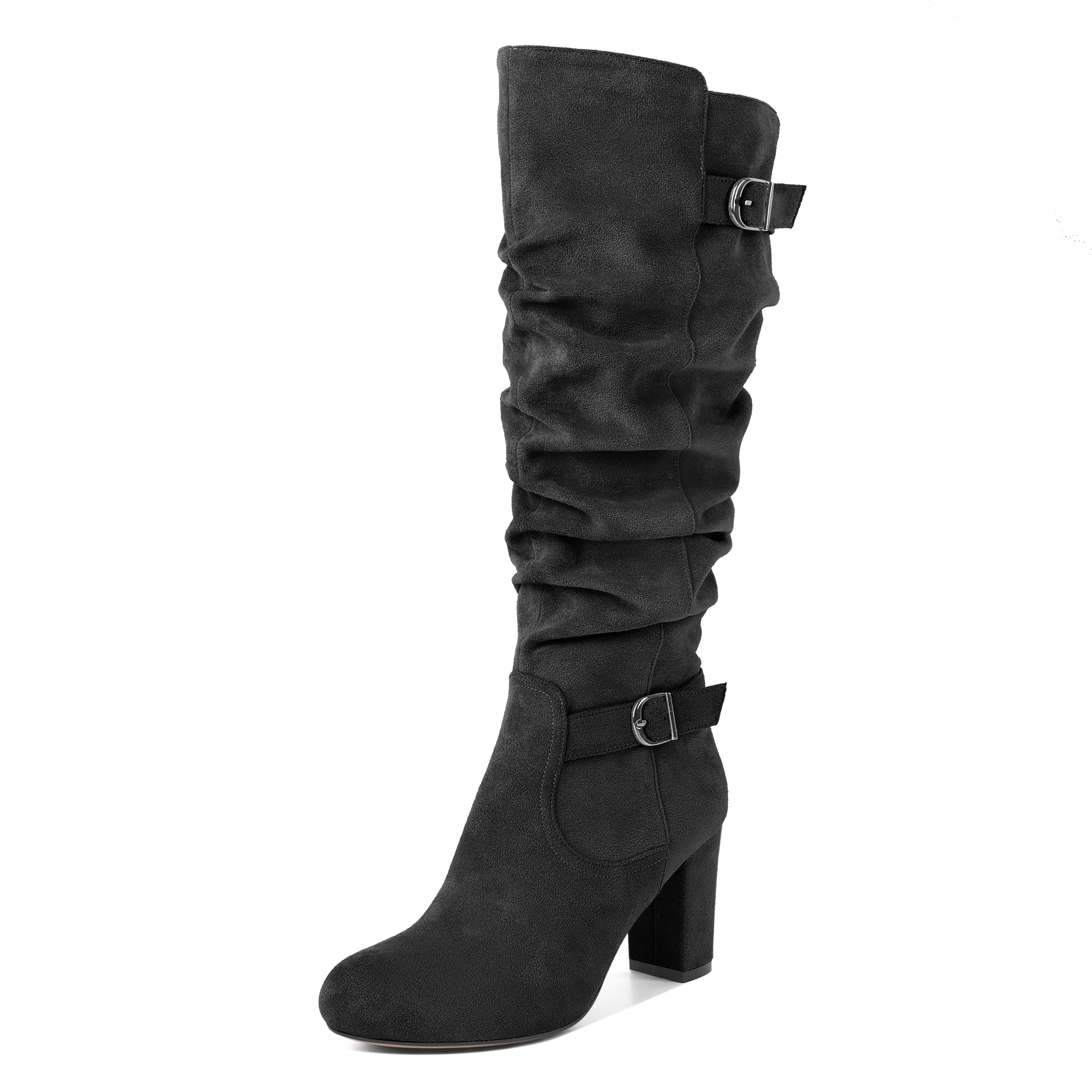 Sammitop Slouchy High Heel Boots for Women Knee High Chunky Heel Boots Round Toe Slouch Metal Buckle Side Zipper Tall Boots 3.5 Inches