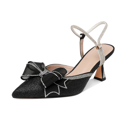 Black Rhinestone Bow Heels with Adjustable Ankle Strap