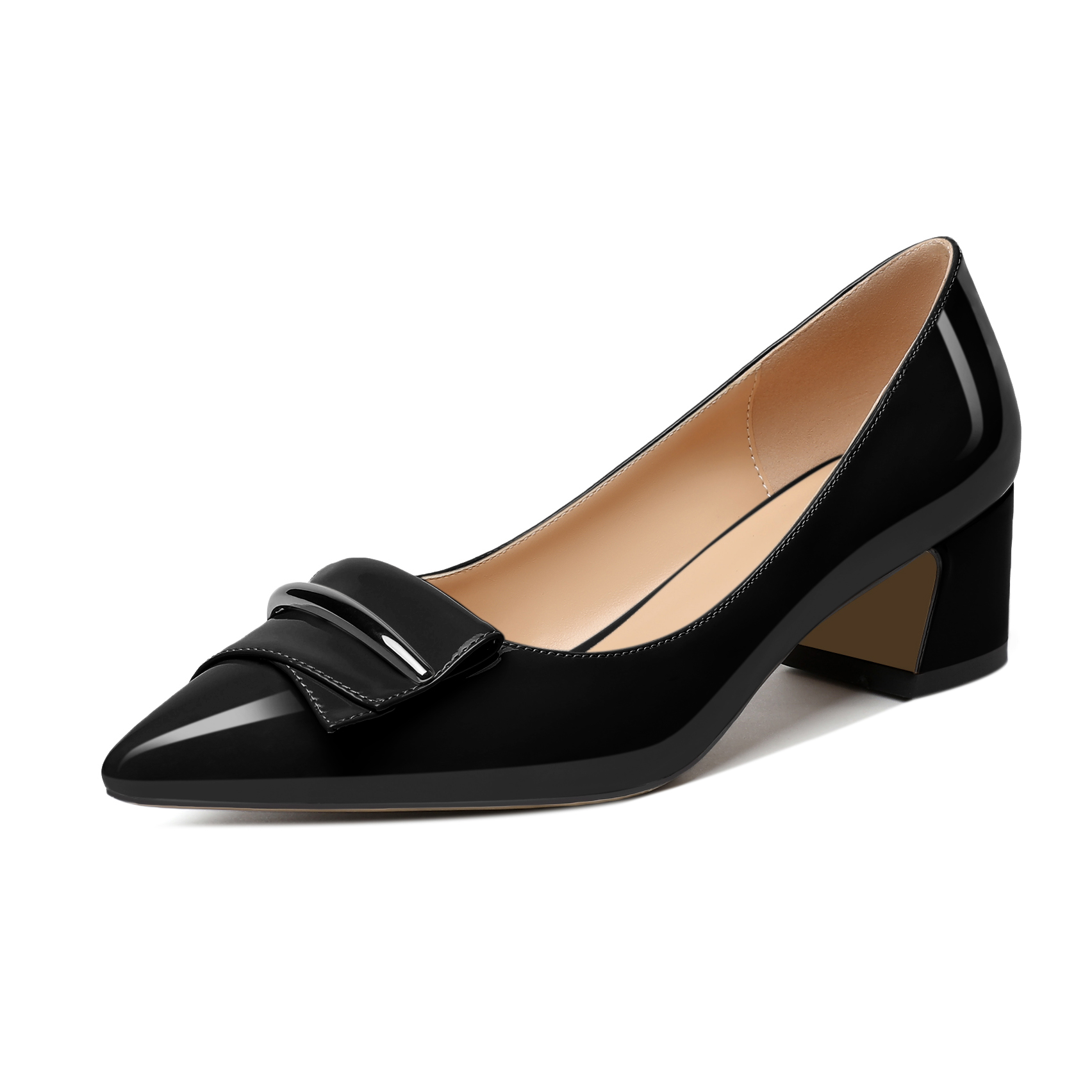 Black pointed toe low heel pumps for women