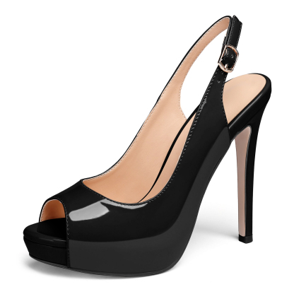 Black peep toe slingback pumps with platform and stiletto heel