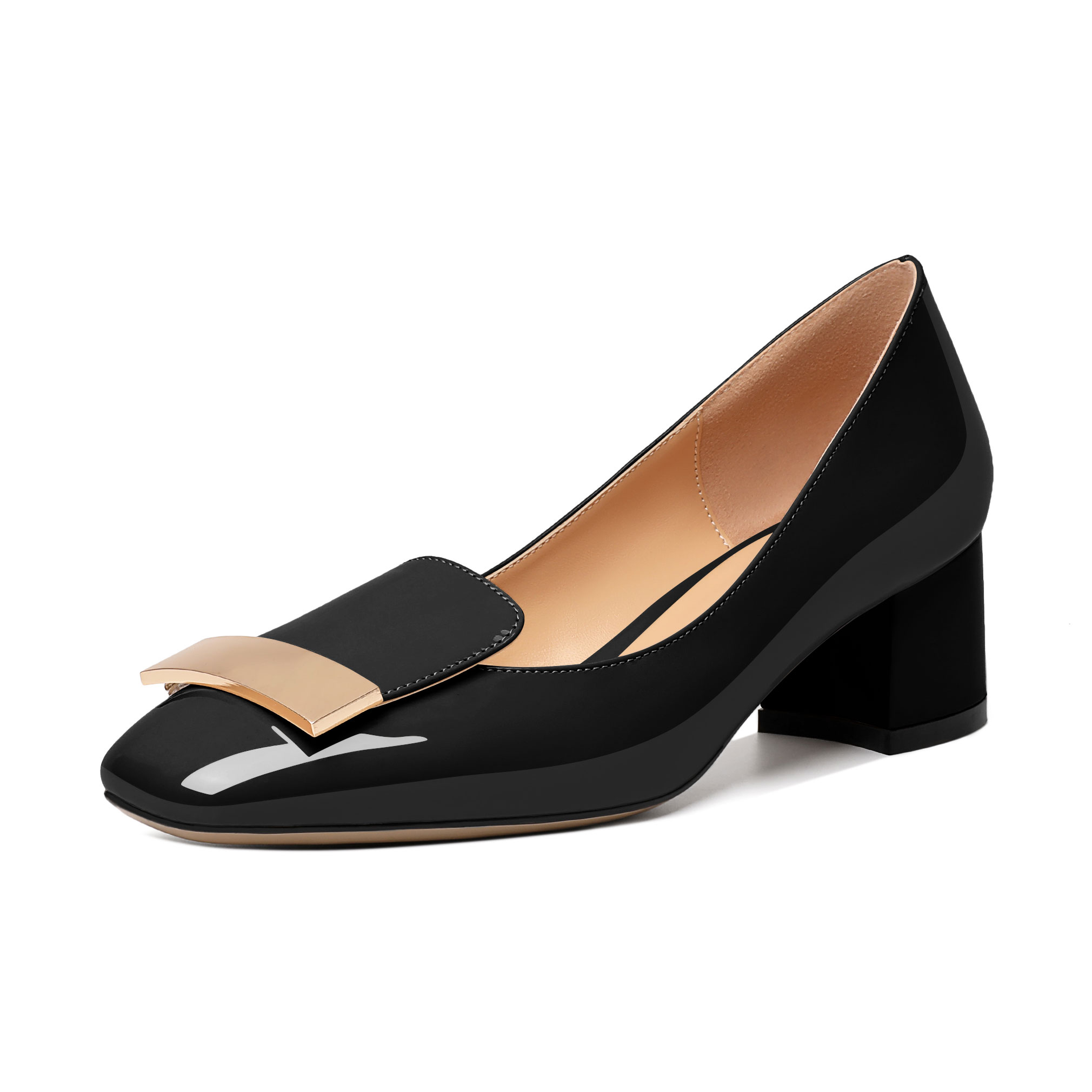 Black square toe slip-on pumps with low chunky block heel