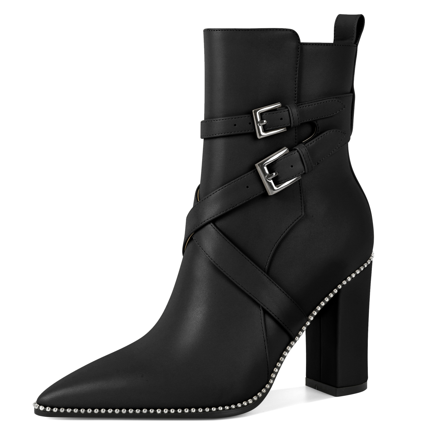 Black beaded ankle boots with chunky heel and side zipper