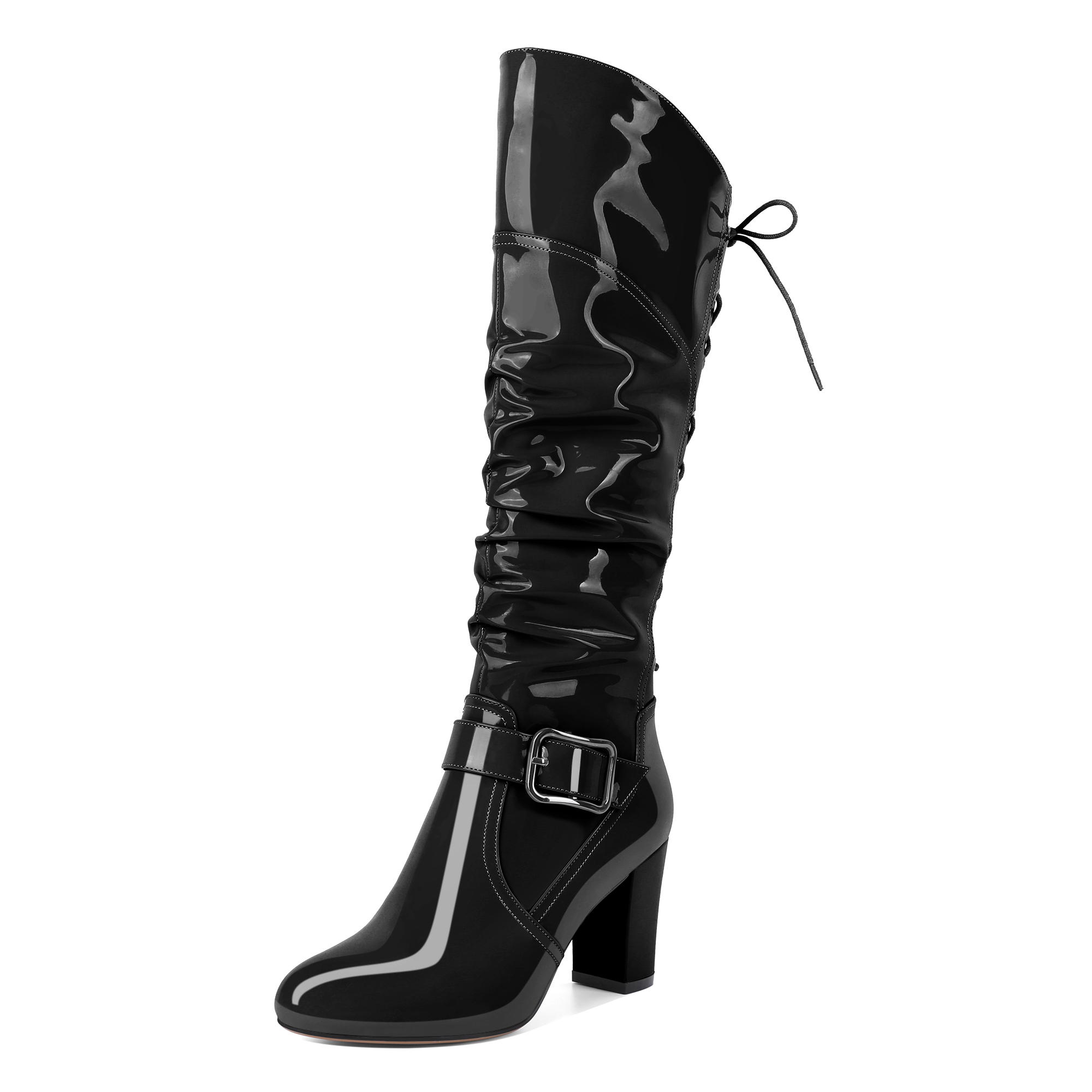 Black knee high lace-up boots with chunky heel and side zipper
