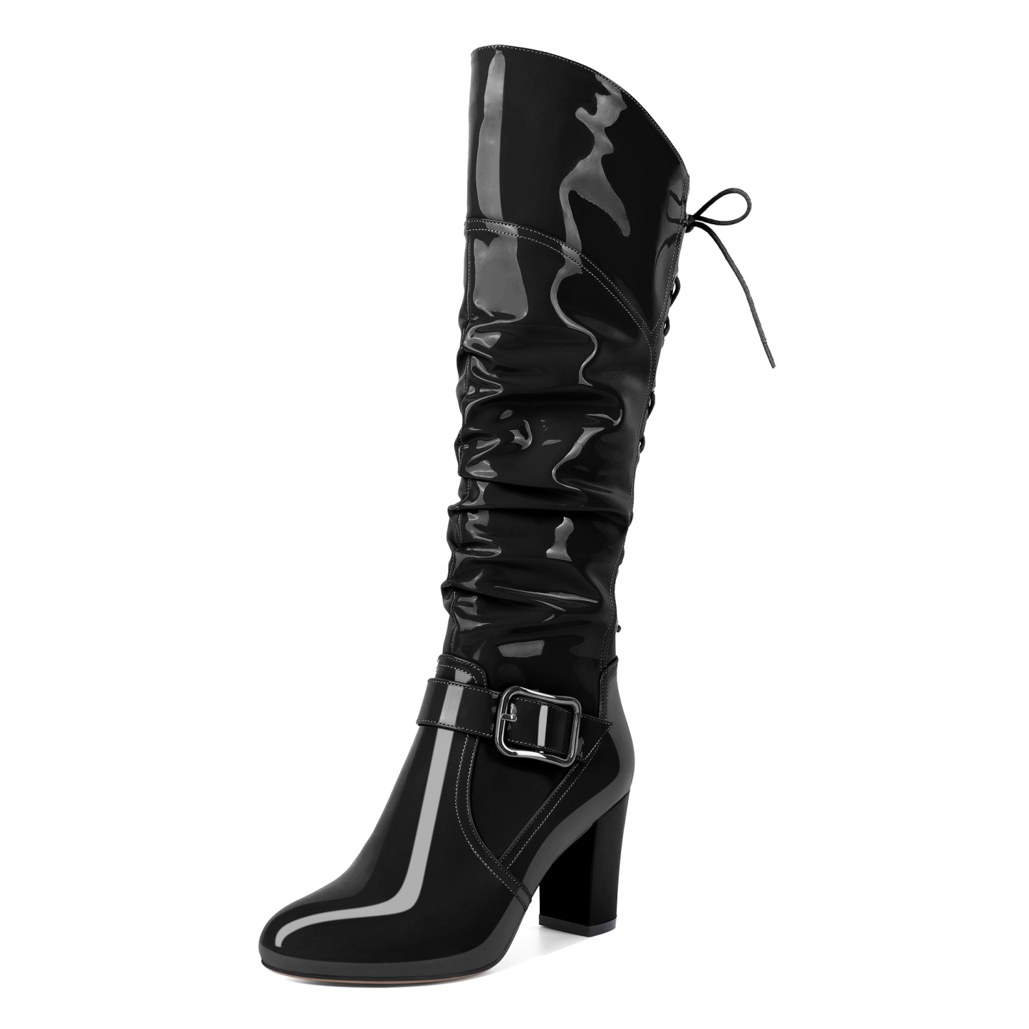 Black knee high lace-up boots with chunky heel and side zipper