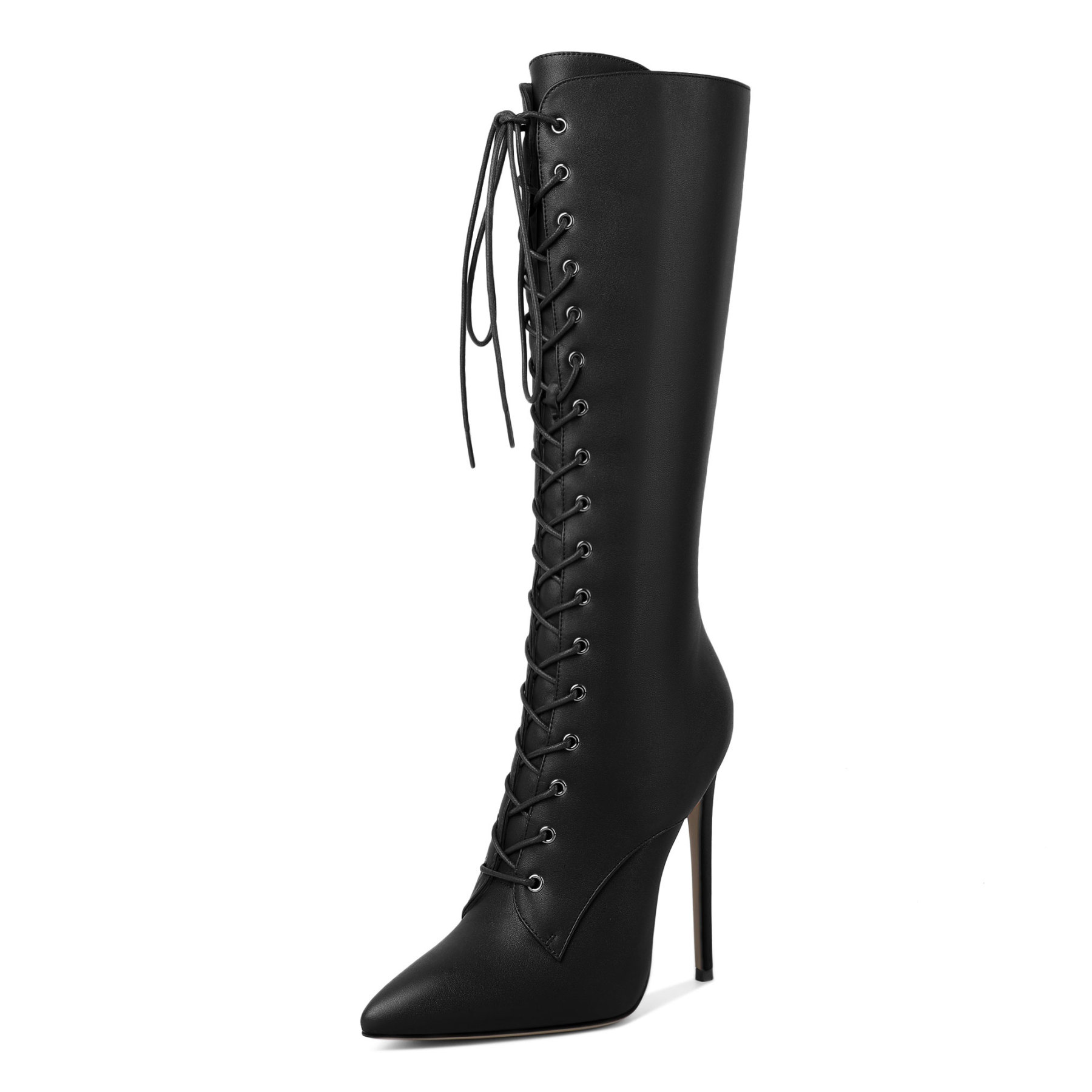 Black knee-high lace-up stiletto boots by SAMMITOP