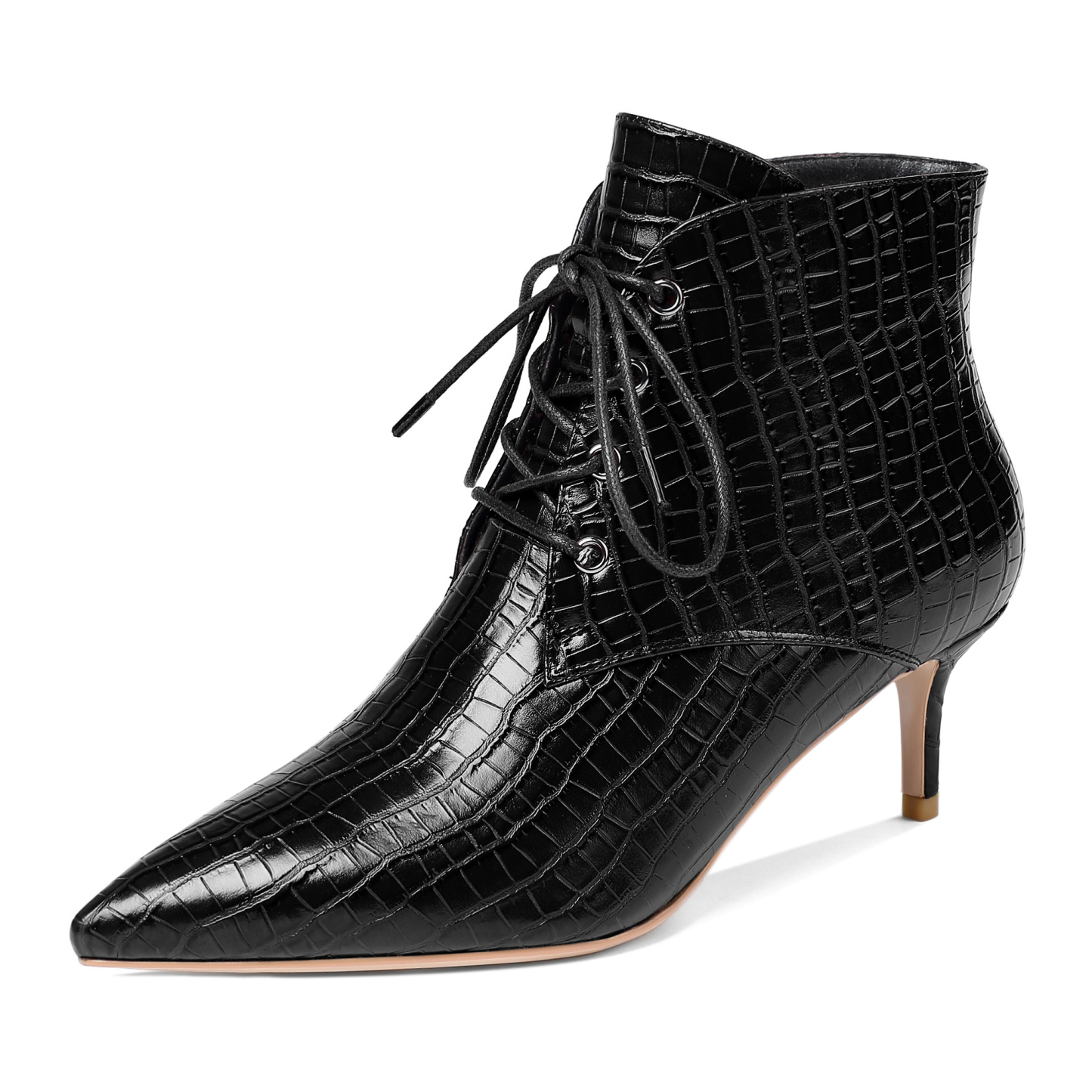 Black croc-embossed lace-up ankle boots with kitten heel – SAMMITOP