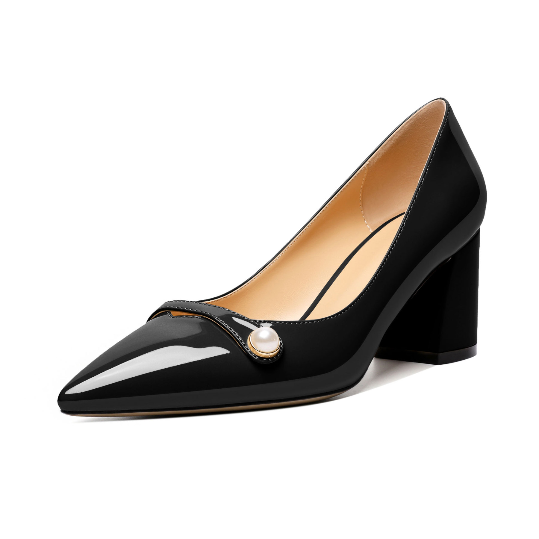 SAMMITOP Black pearl block heel pumps with pointed toe and slip-on design