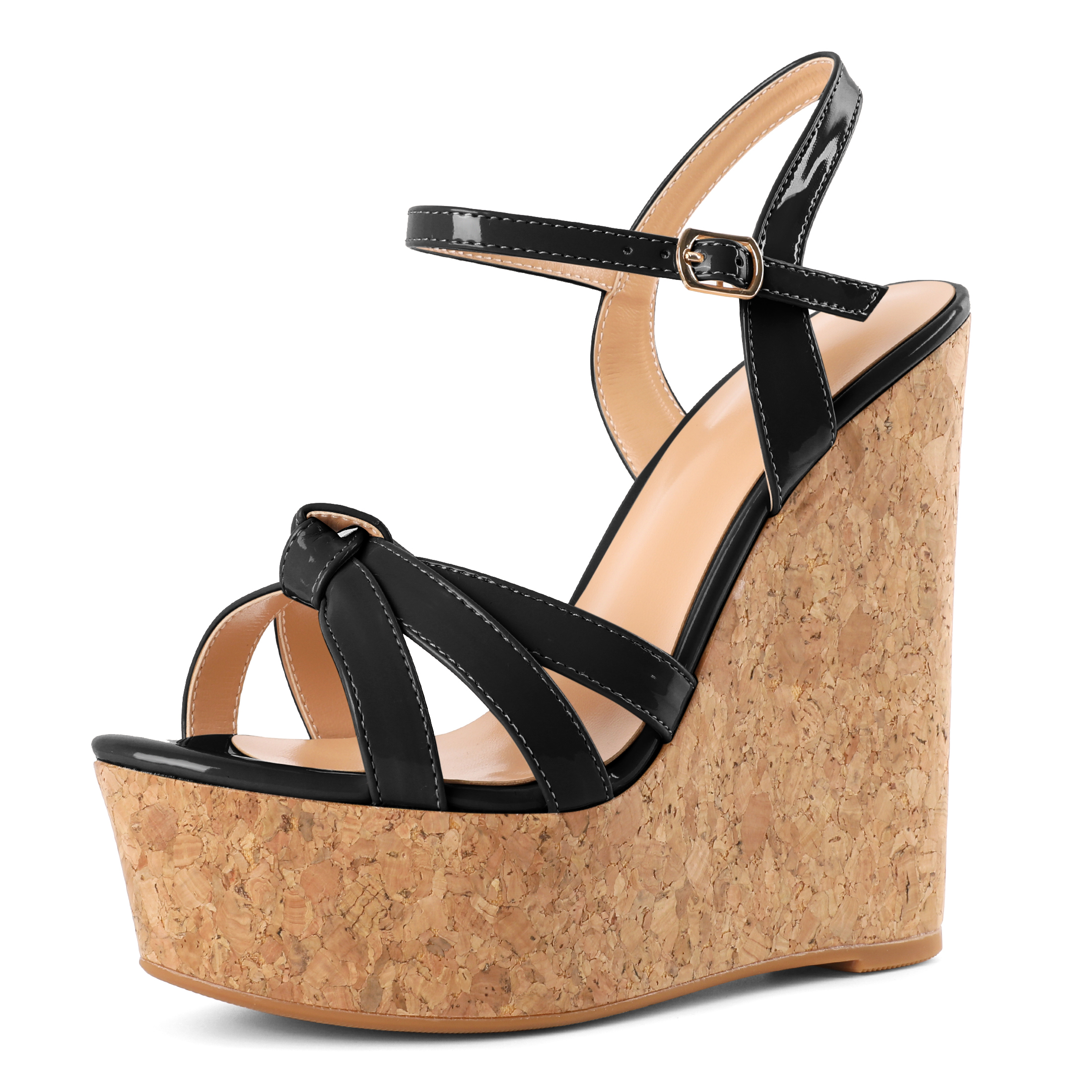 "Women's black platform wedge sandals with ankle strap and open toe"
