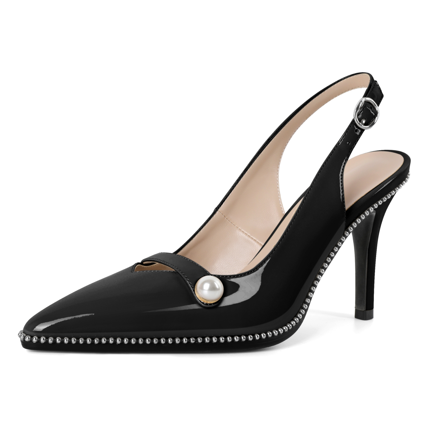 SAMMITOP black slingback pearl heels with pointed toe and stiletto