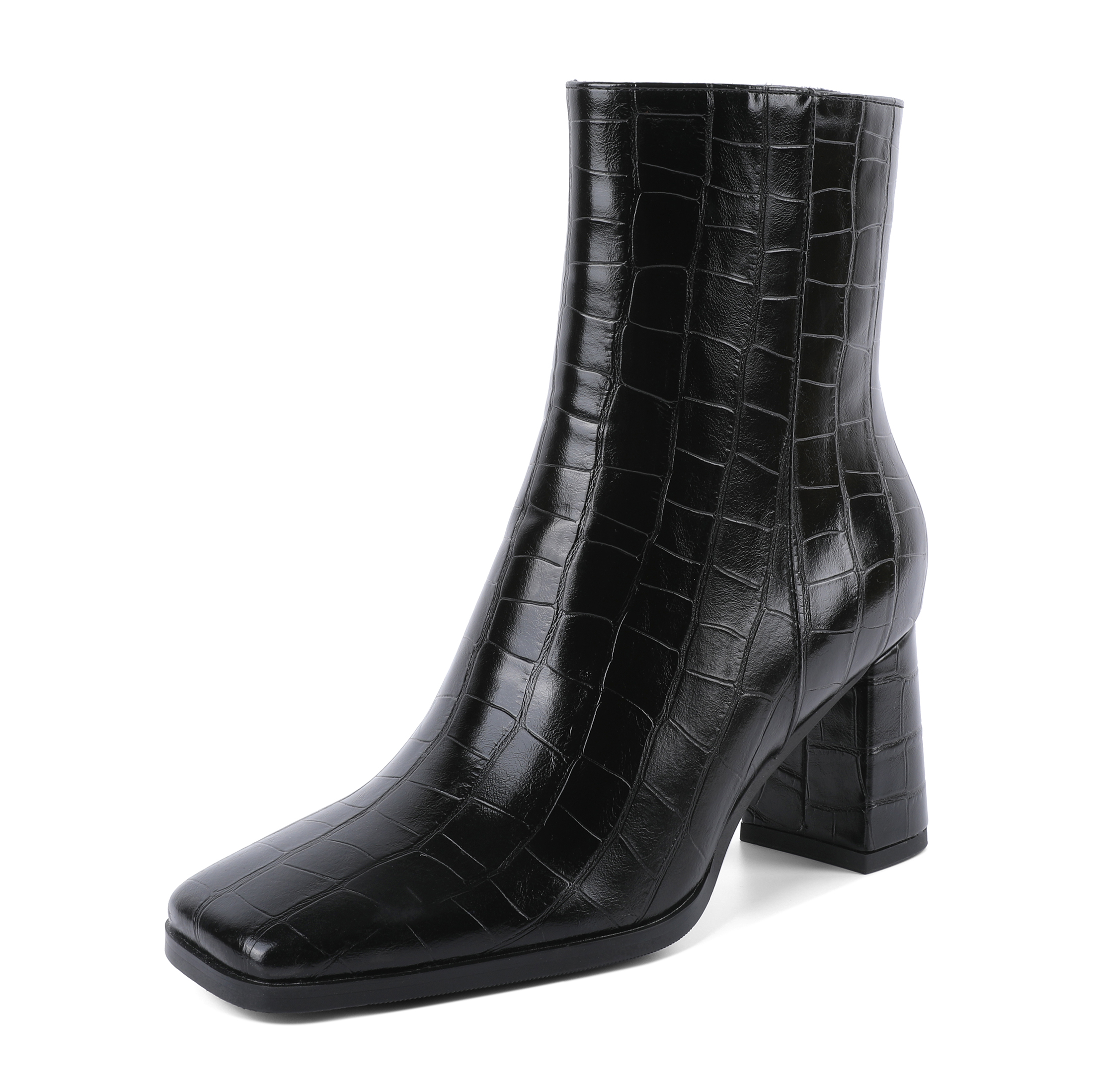 Black croc embossed square toe chunky heel ankle boots with side zip