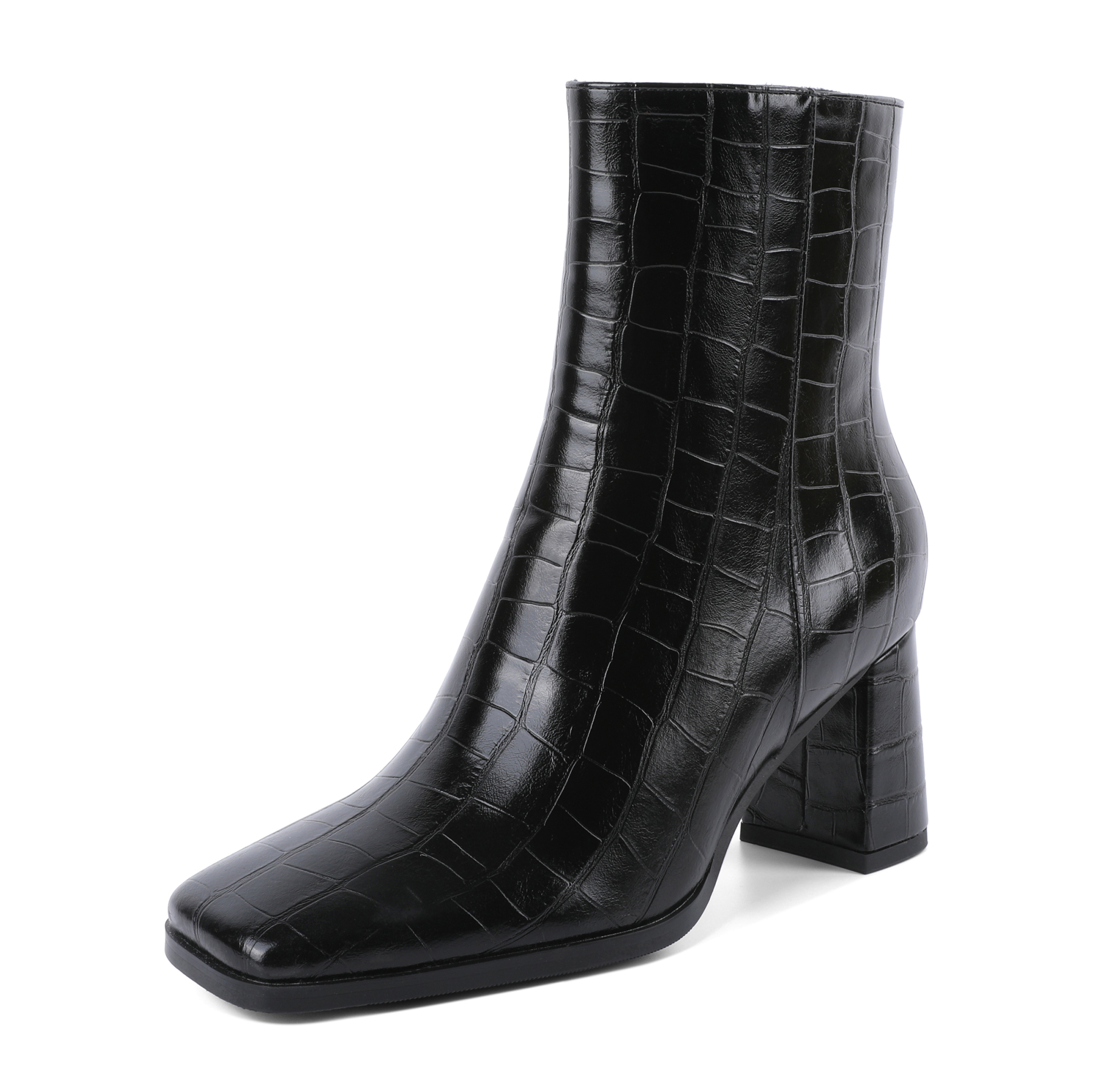 Black croc embossed square toe chunky heel ankle boots with side zip