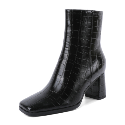Black croc embossed square toe chunky heel ankle boots with side zip