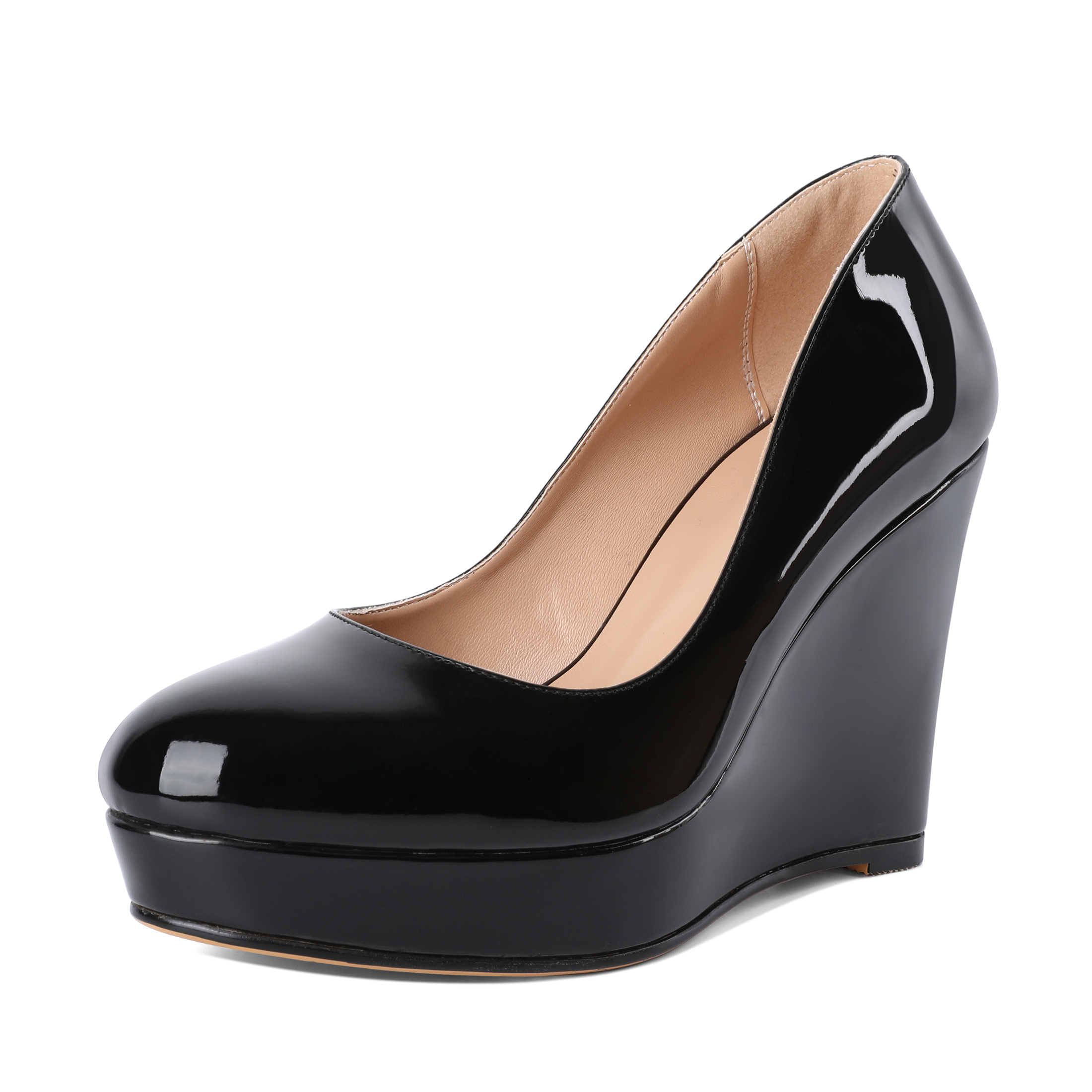 Black wedge platform pumps with round toe and 4-inch heel