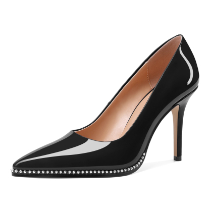 Black patent leather stiletto pumps with silver bead embellishment