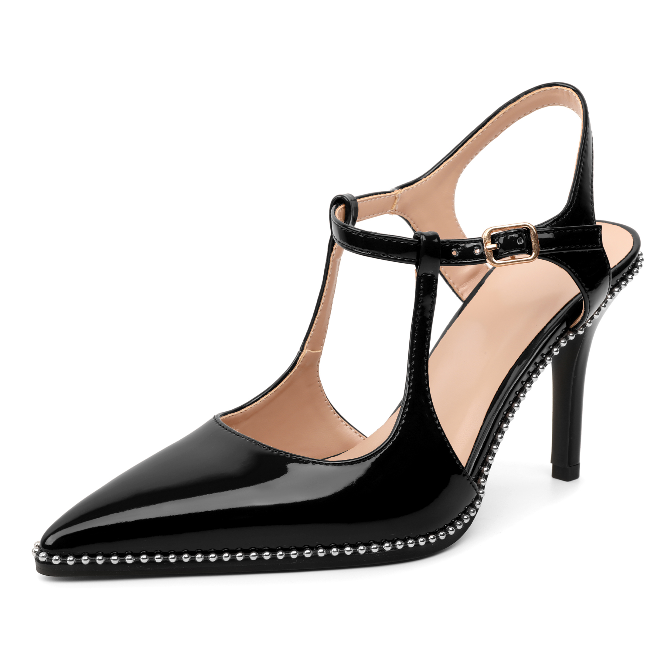 Black patent leather stiletto heels with ankle strap and beaded detail