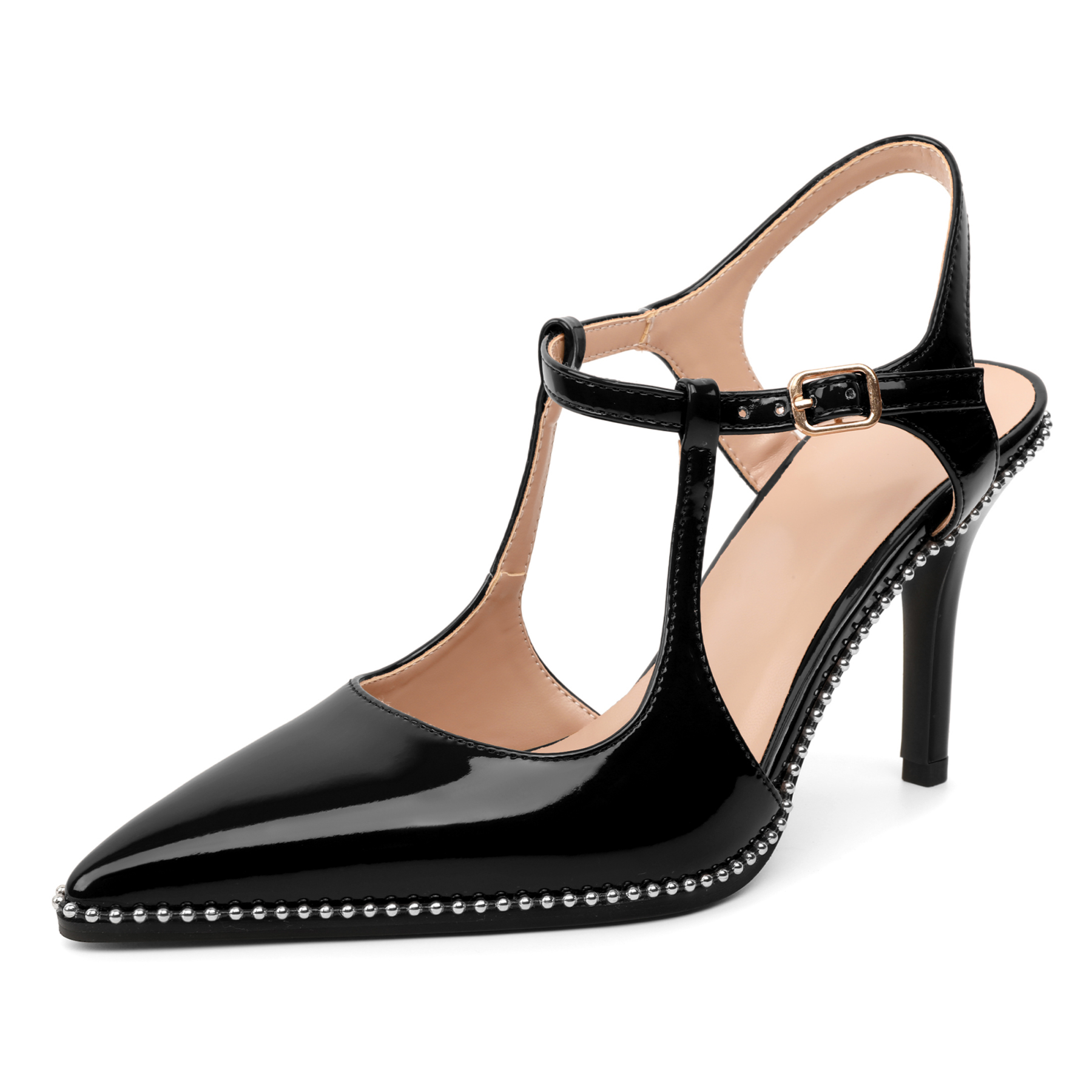 Black patent leather stiletto heels with ankle strap and beaded detail