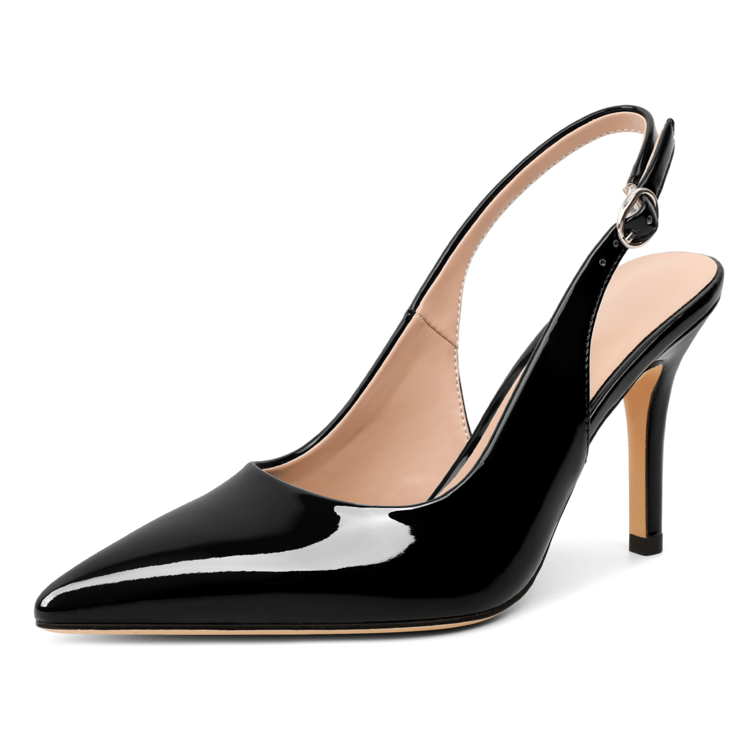 Black pointed toe slingback heels with adjustable buckle and stiletto heel