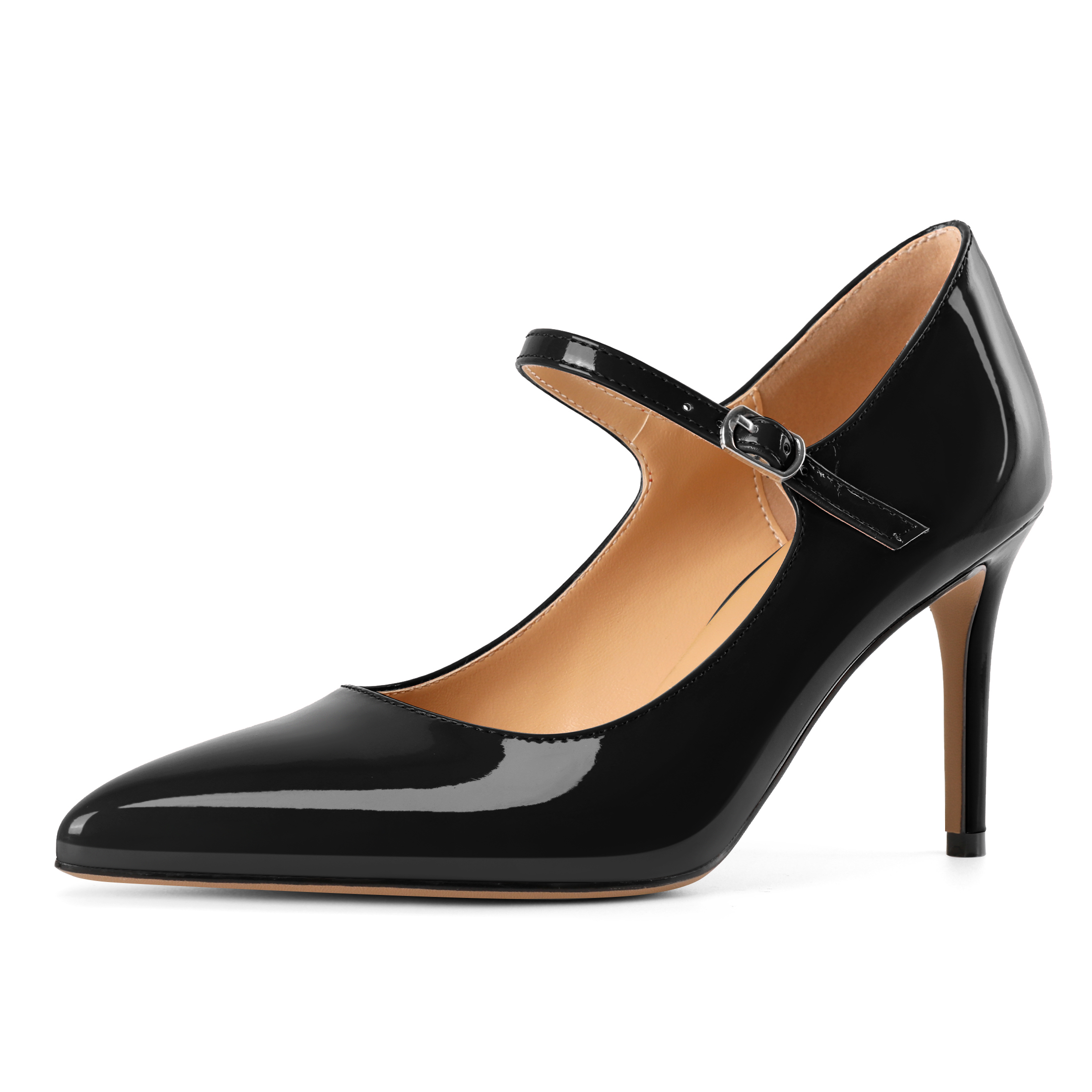 Black Mary Jane heels with pointed toe and classic buckle strap