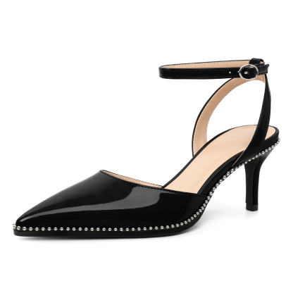 Black slingback kitten heels with pointed toe and ankle strap