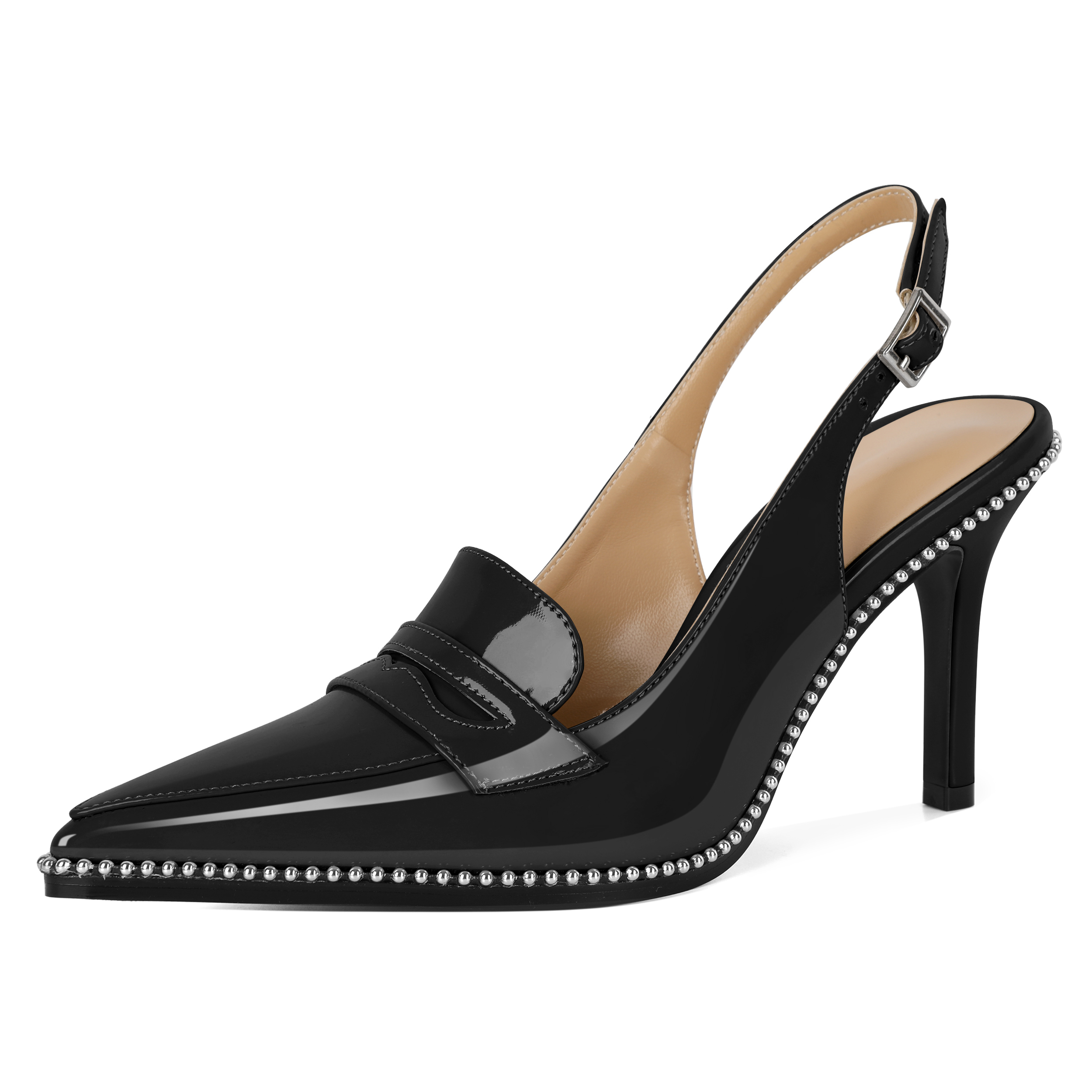 Black slingback pointed toe heels with silver beading and stiletto heel