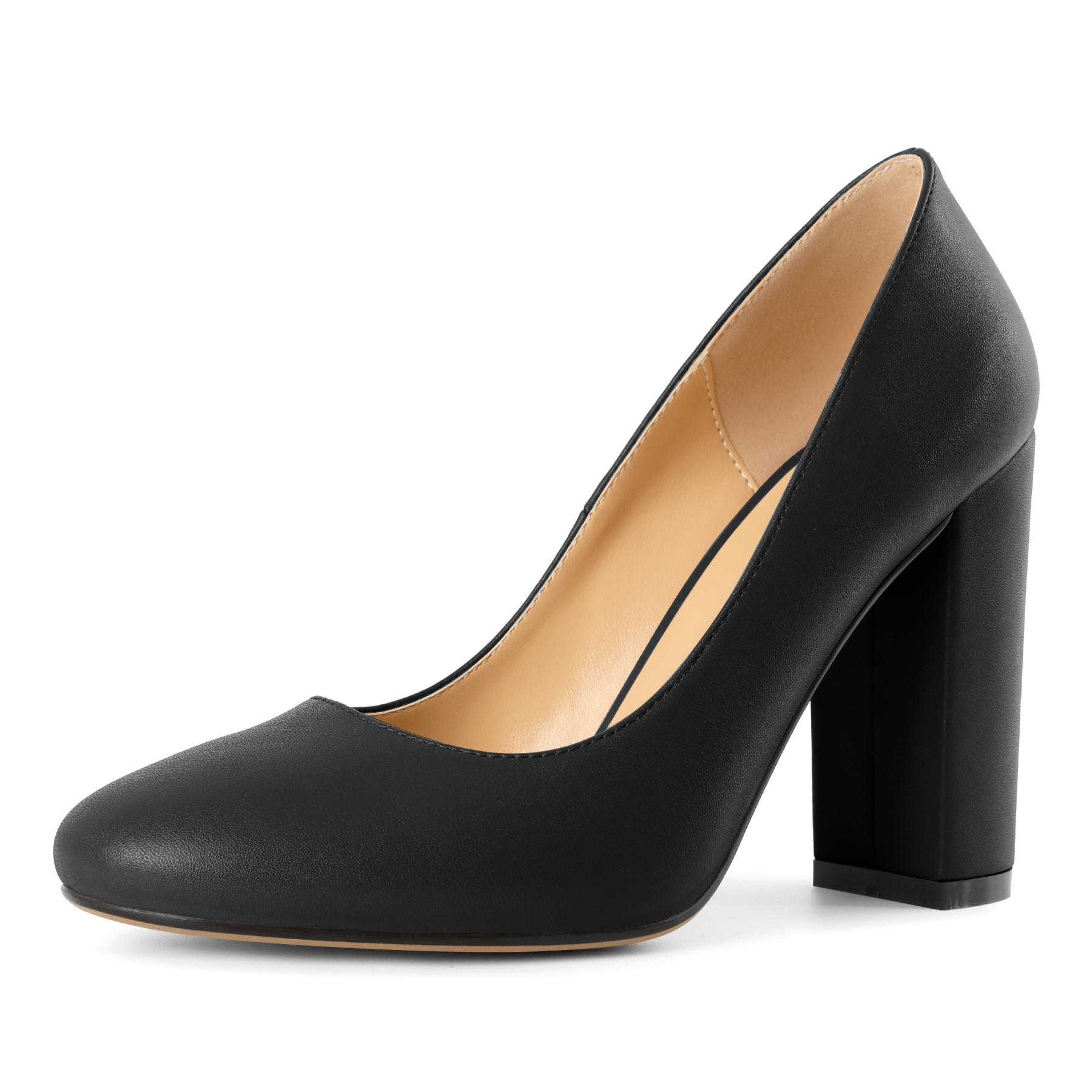 Black round toe chunky heel pumps with slip-on design and 4 inch block heel