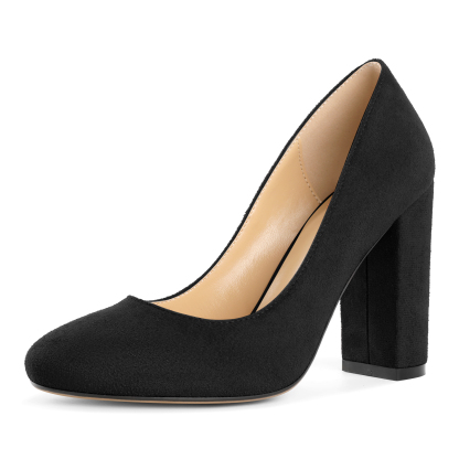 Black suede round toe chunky heel pumps slip-on design with 4 inch heel