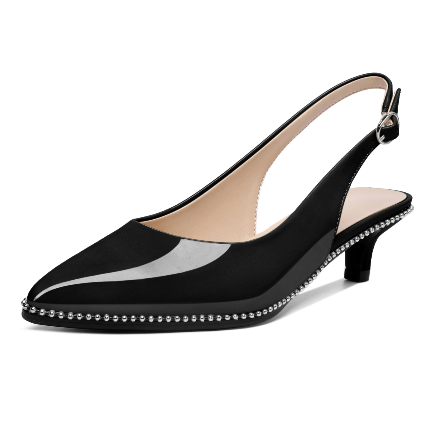 Black slingback kitten heel pumps with pointed toe and bead detail