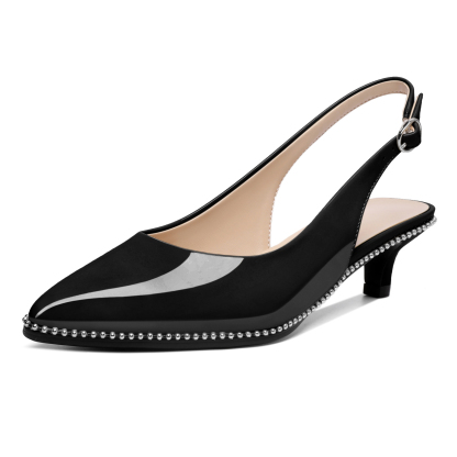 Black slingback kitten heel pumps with pointed toe and bead detail