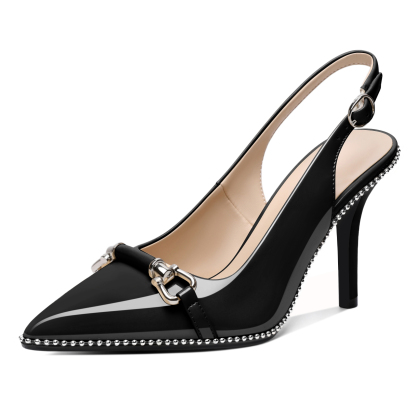 Black patent slingback stiletto heels with silver bead trim