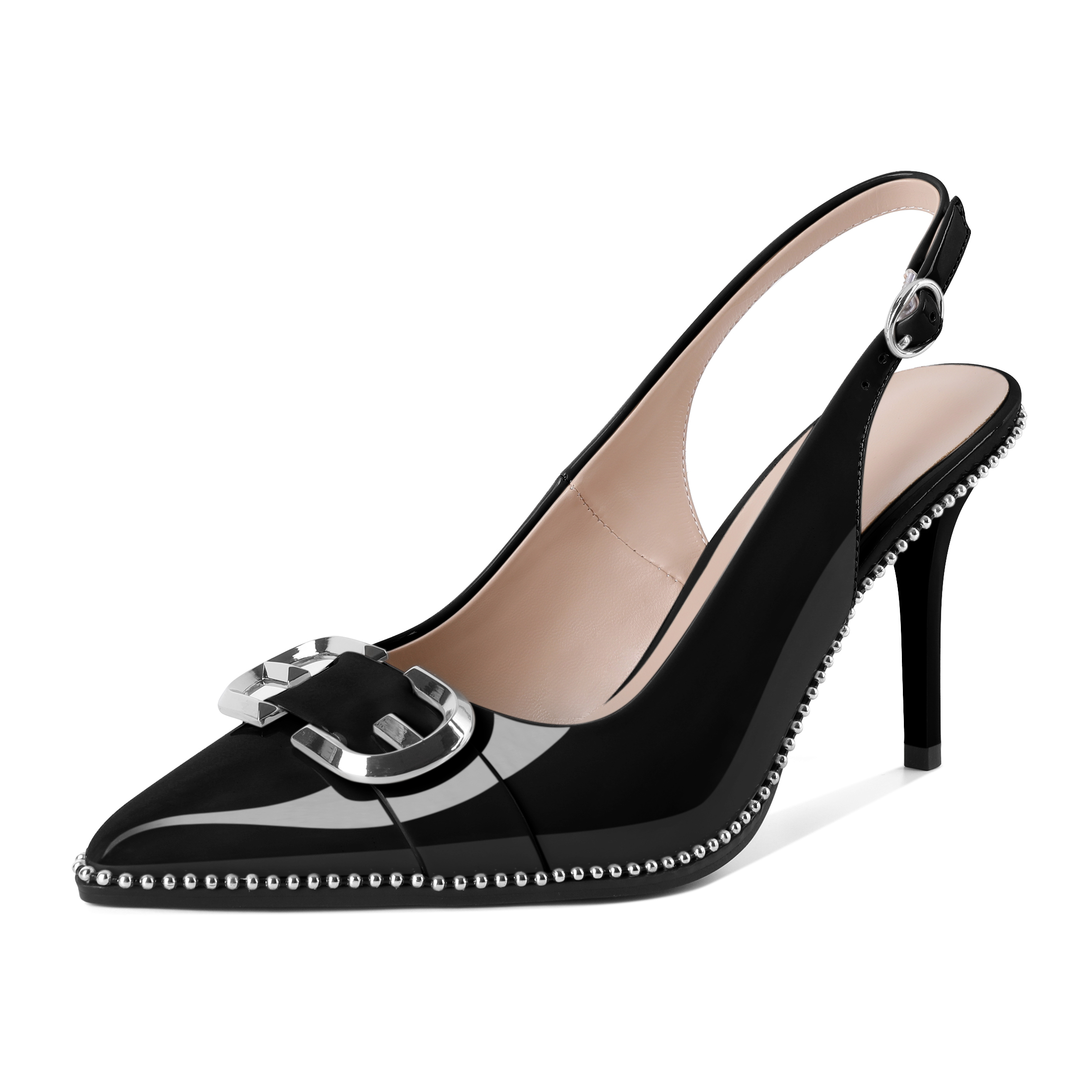 Black patent slingback stiletto pumps with silver bead trim and pointed toe